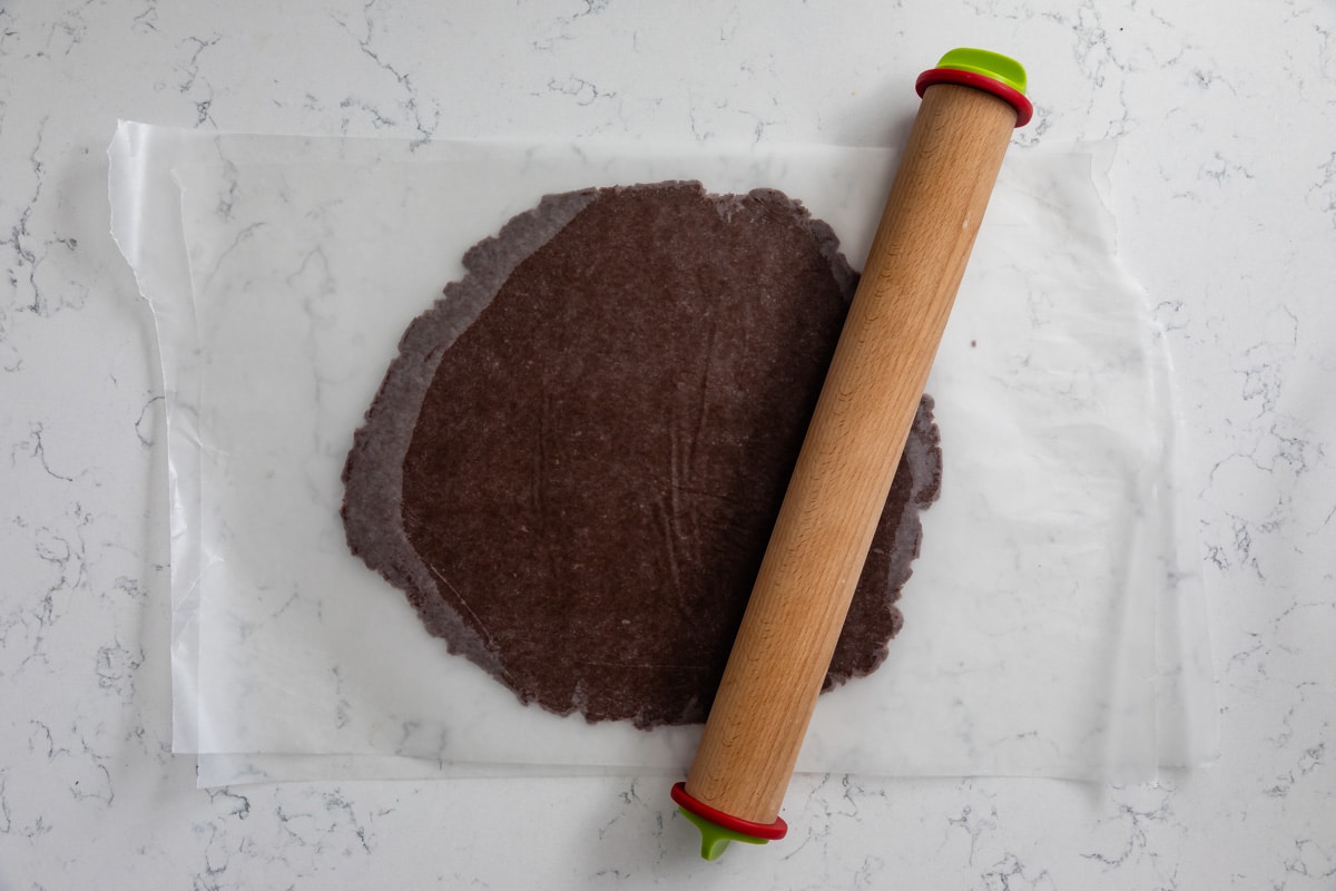 rolled out cookie dough between sheets of wax paper with rolling pin.