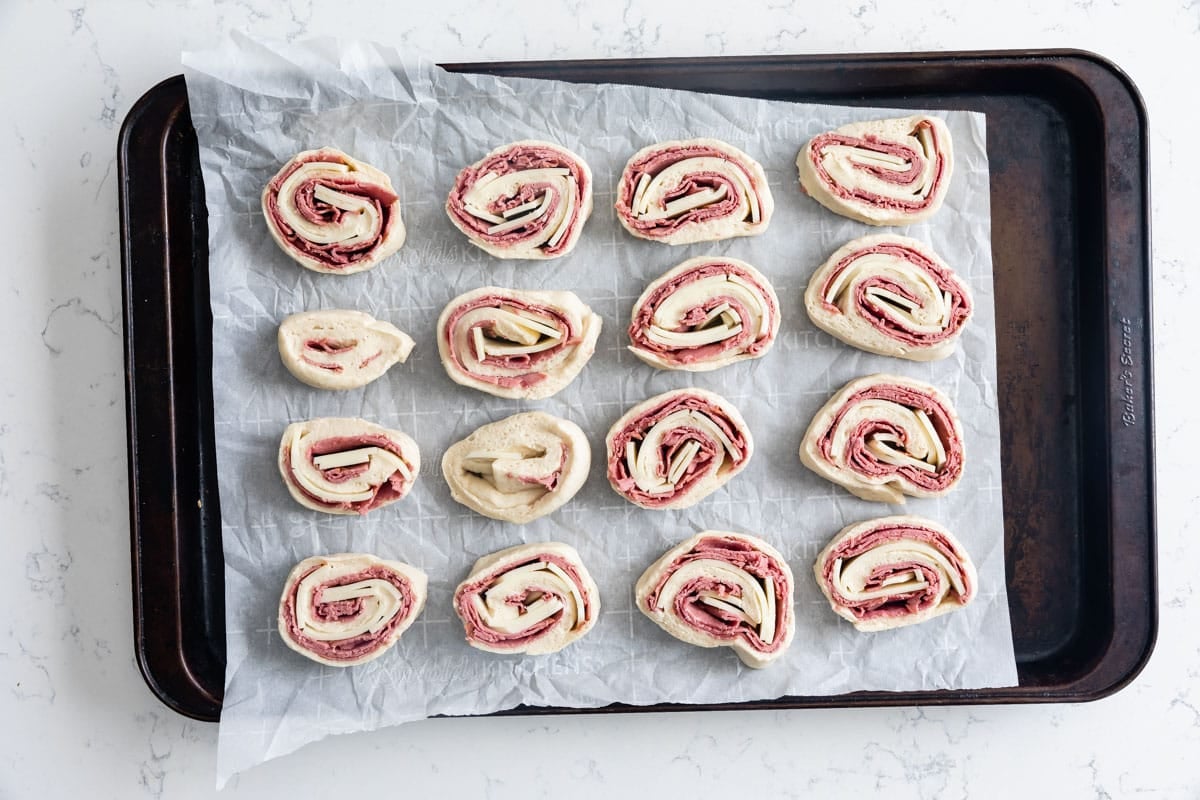 process shot of making French dip pinwheels