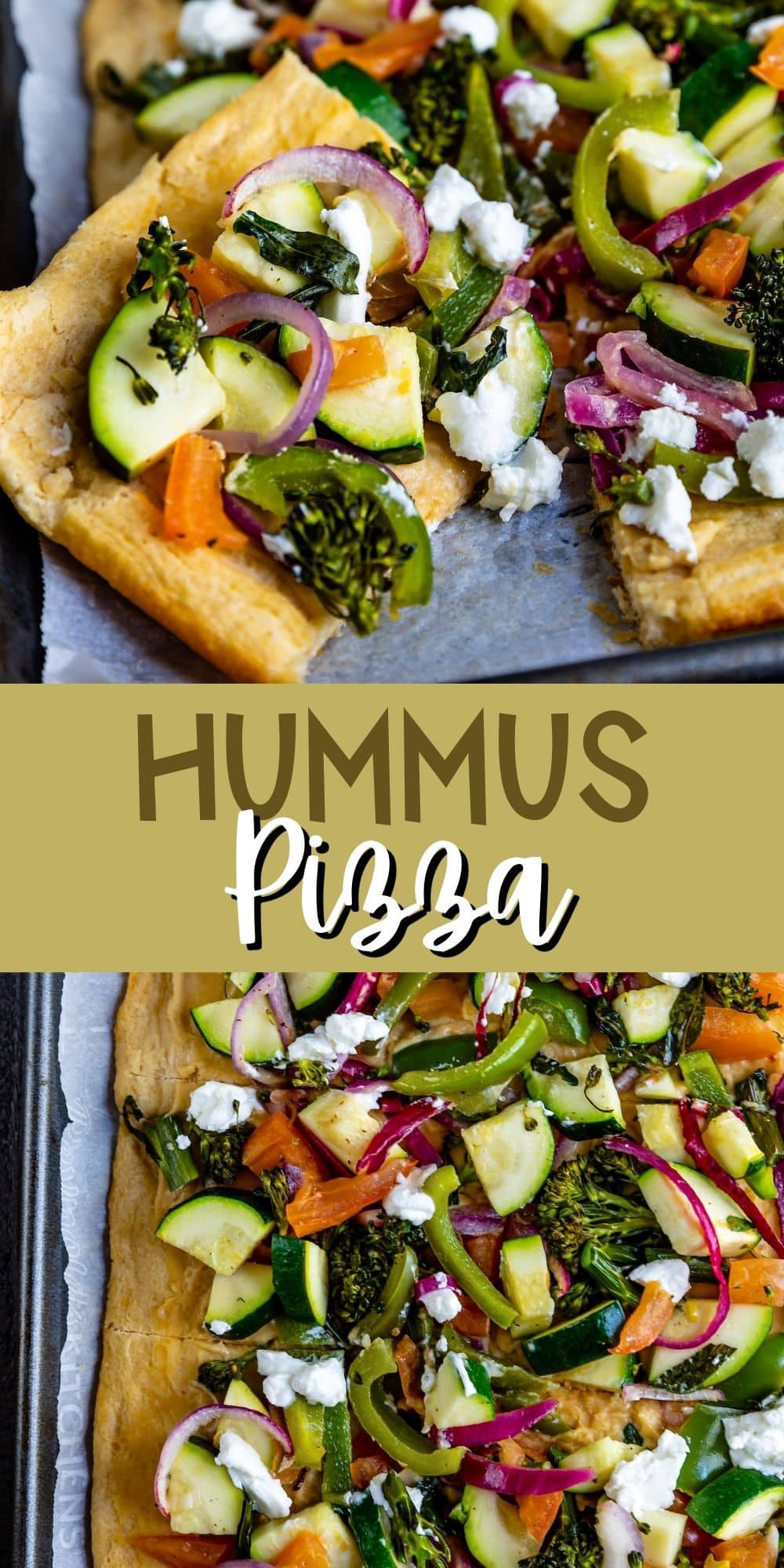 two photos of hummus pizza with vegetables on top of the thin crust