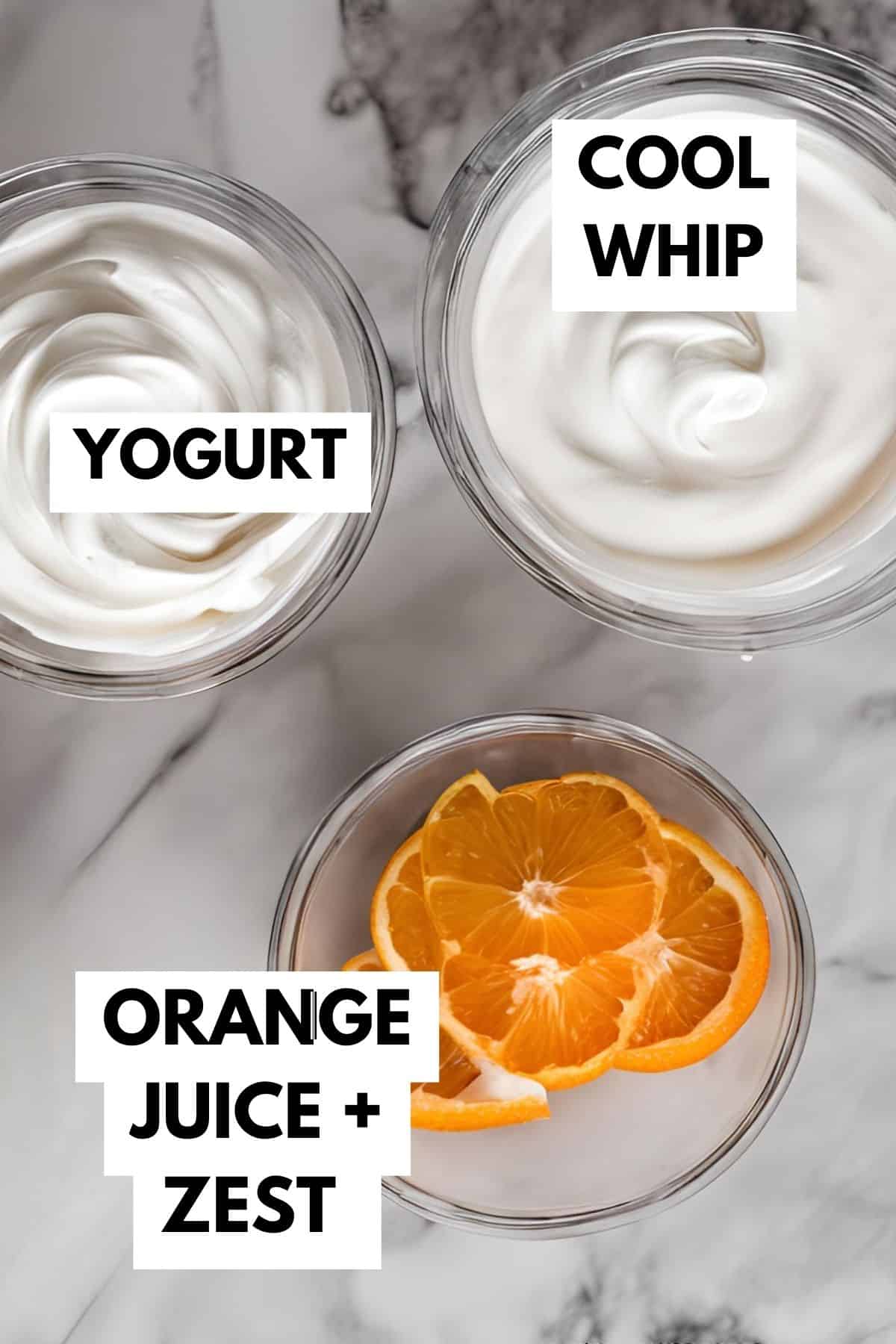 ingredients in fruit dip on counter with words on photo