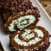 cake roll covered in chocolate filled with mint filling.