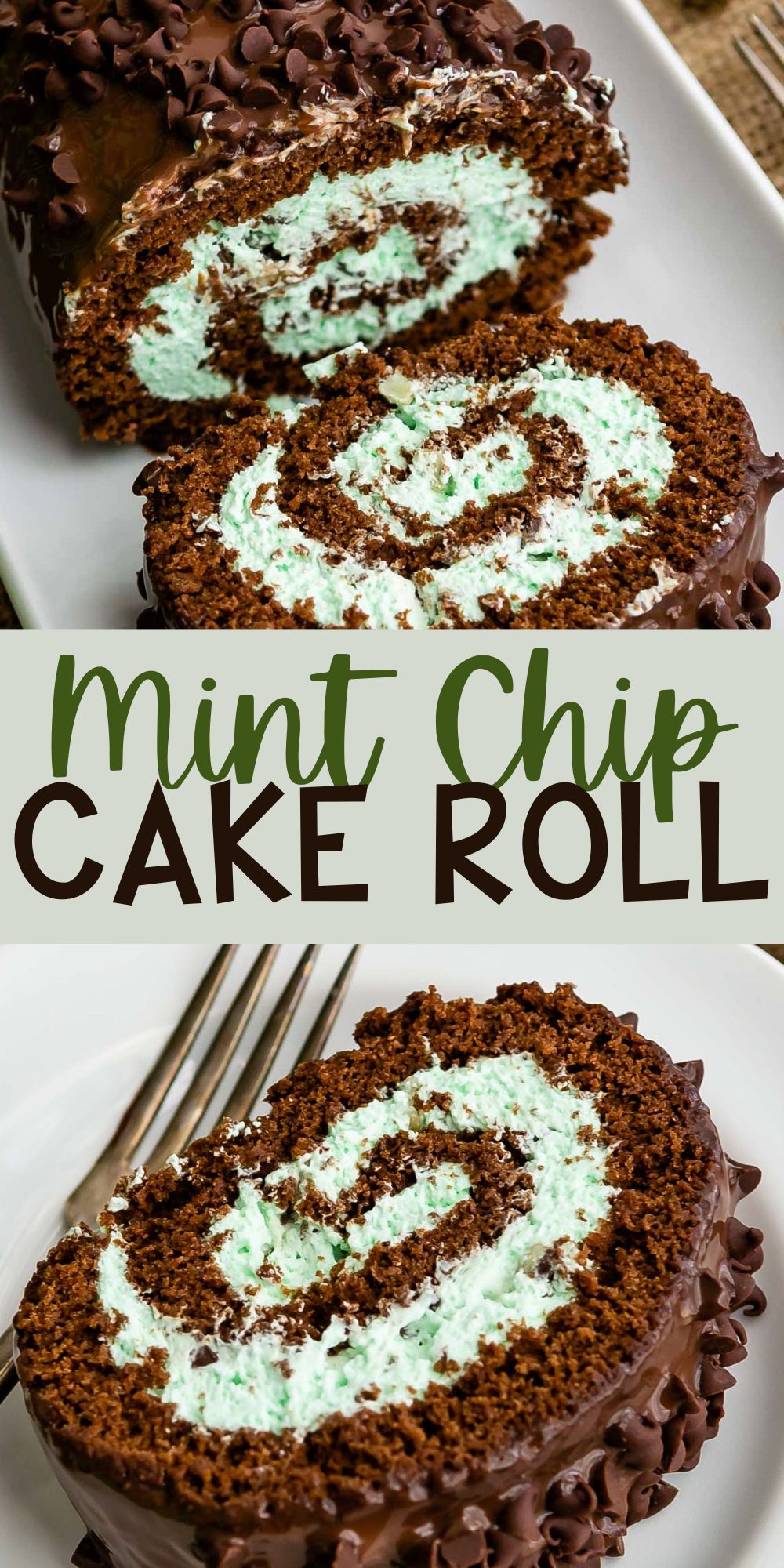 two photos of cake roll covered in chocolate filled with mint filling with words on the image.