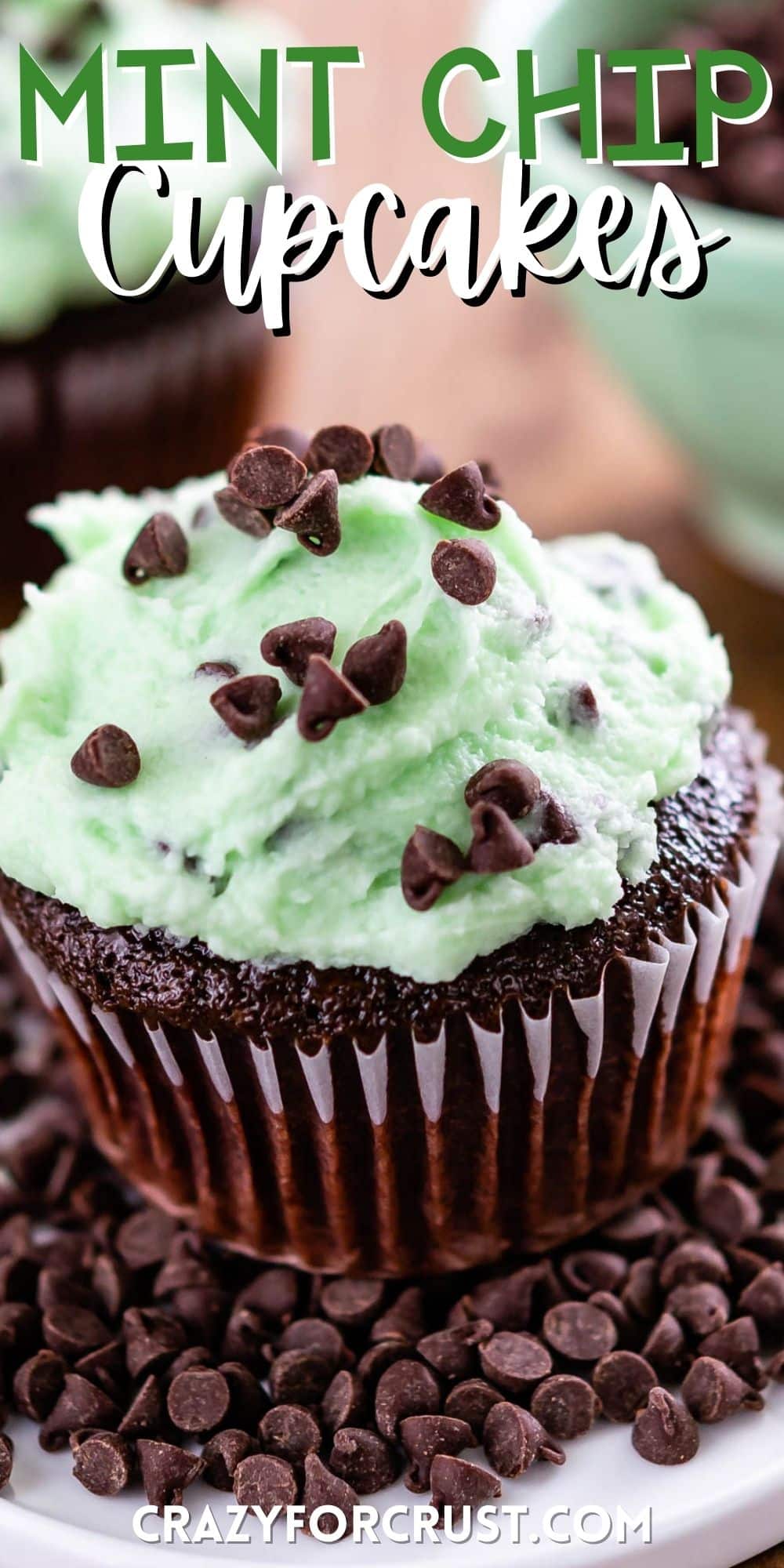 chocolate cupcakes with green mint frosting on top and in the center of the cupcake with words on the photo.