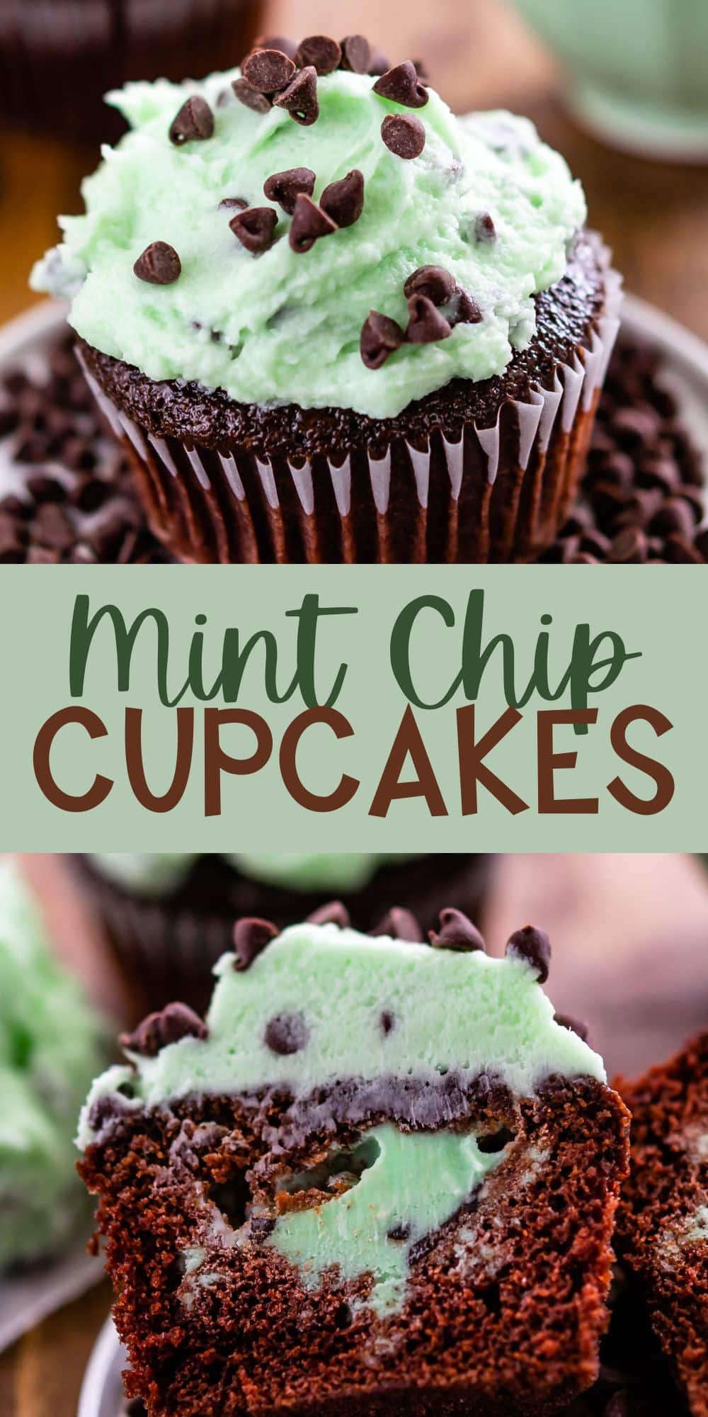 two photos of chocolate cupcakes with green mint frosting on top and in the center of the cupcake with words on the photo.