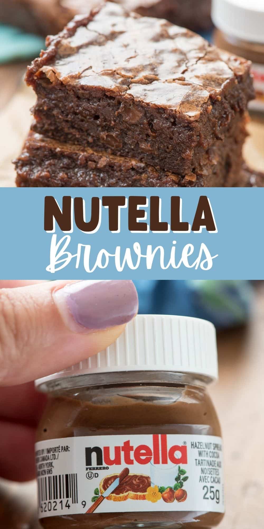 two photos of stacked brownies and a wood table with words on the image