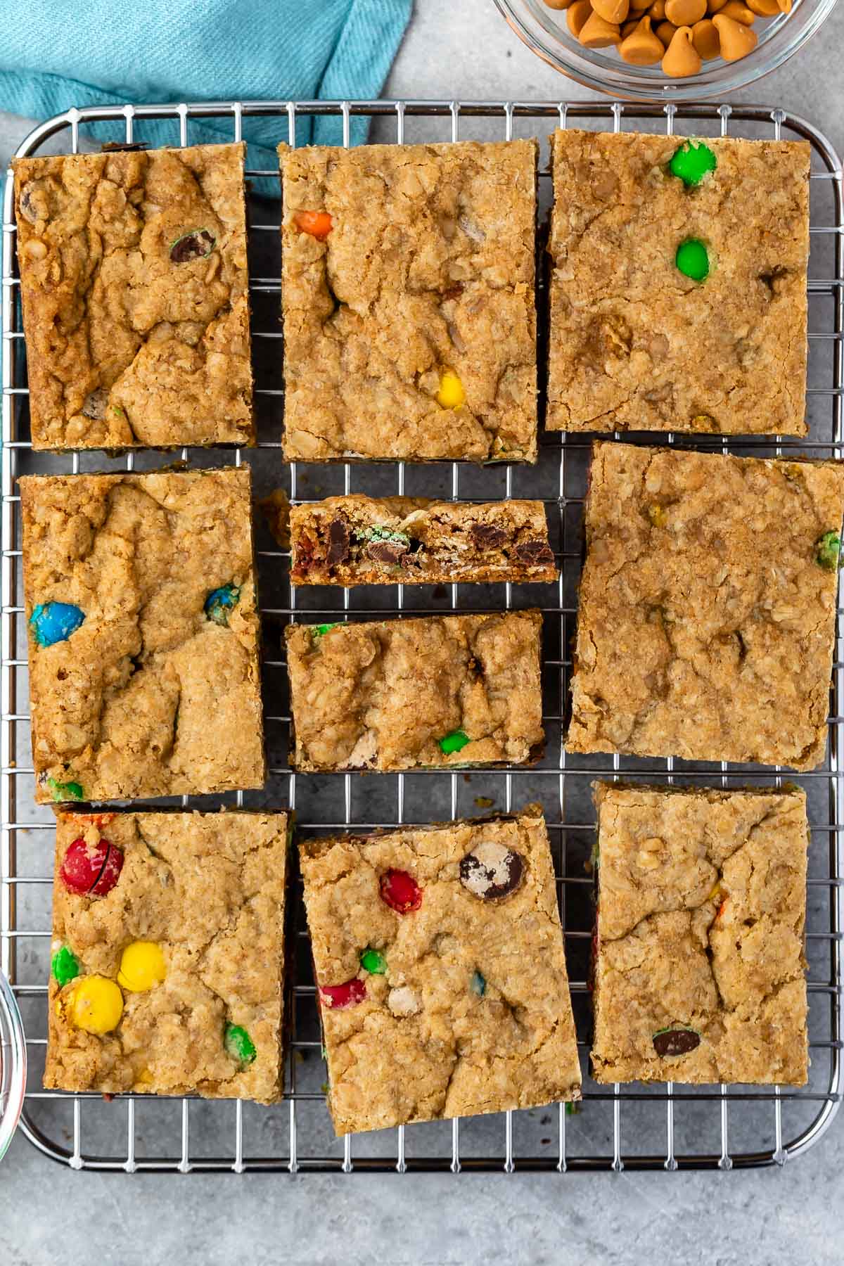 stacked oatmeal bars with m&ms baked in