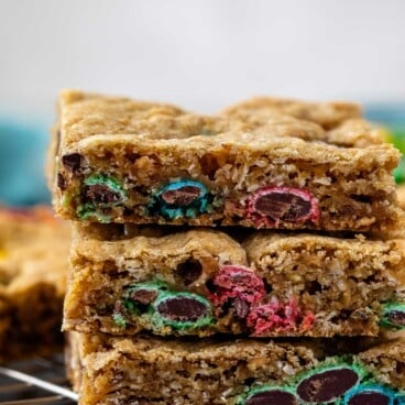 stacked oatmeal bars with m&ms baked in