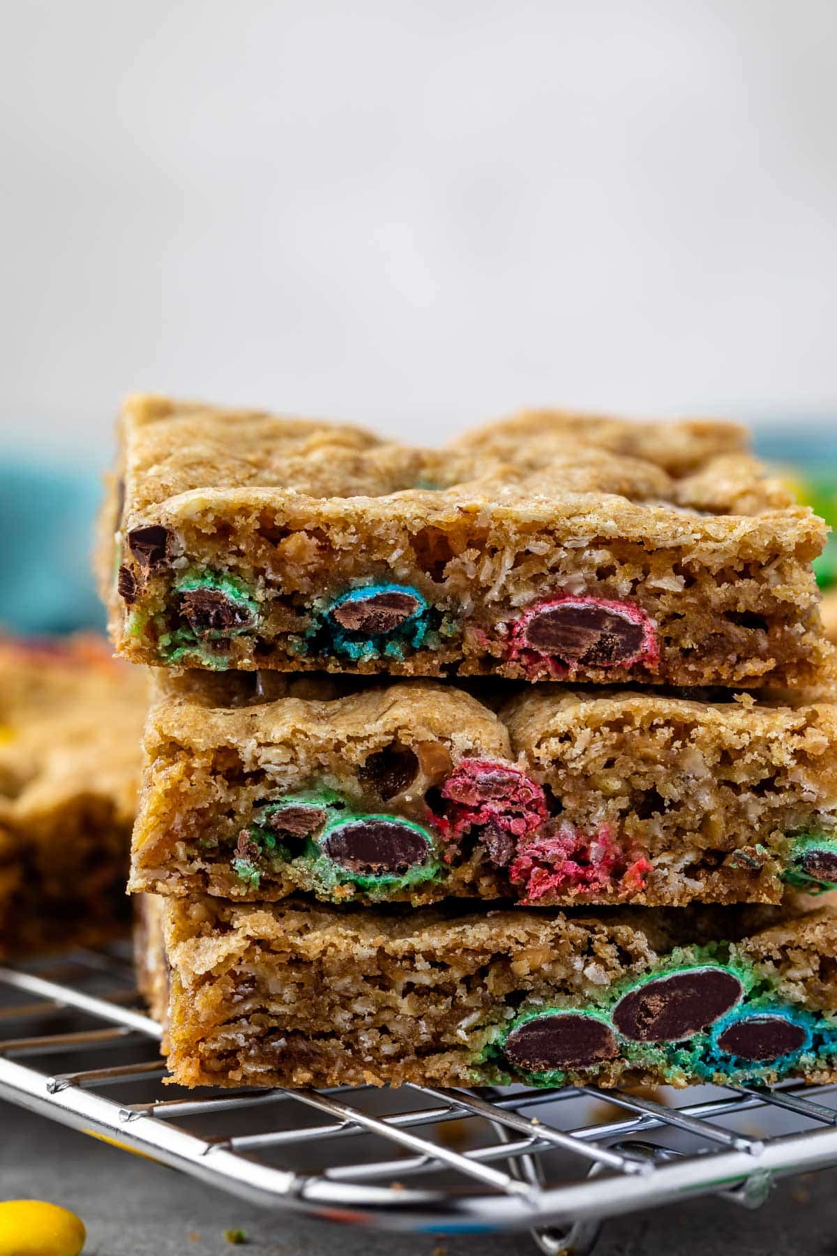 stacked oatmeal bars with m&ms baked in