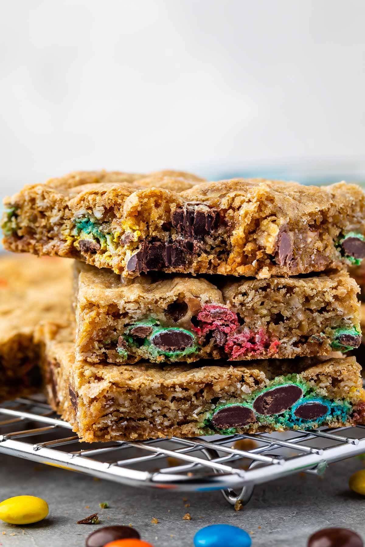 stacked oatmeal bars with m&ms baked in