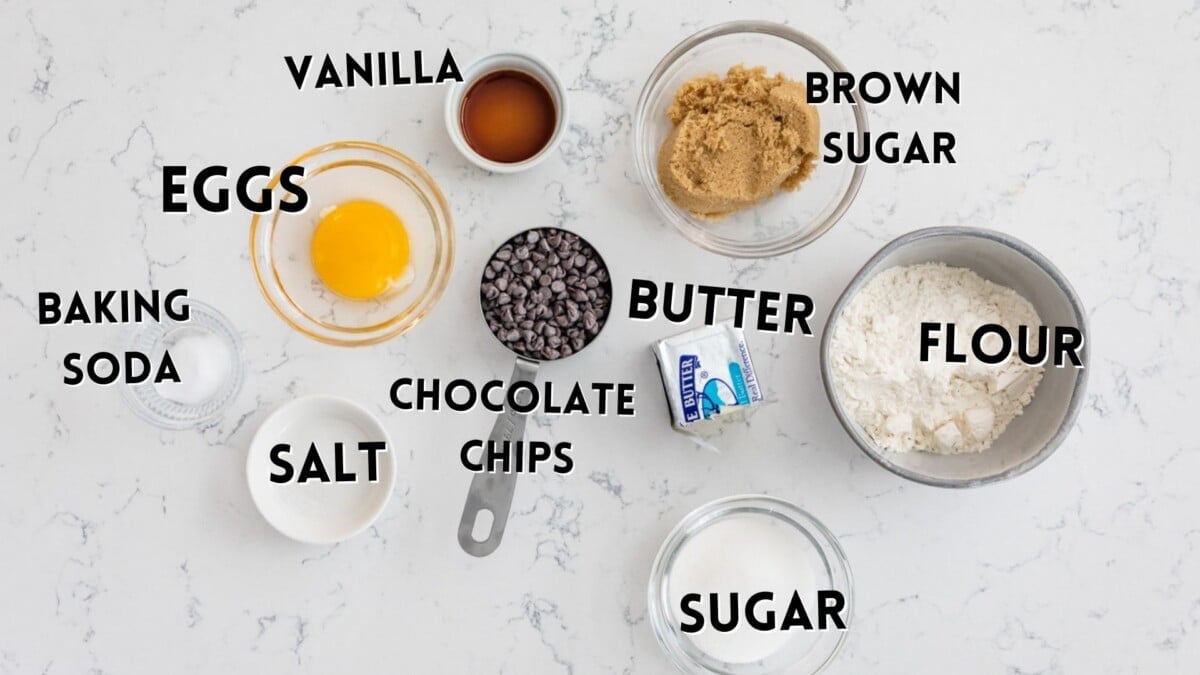 ingredients in pizookie laid out on a white counter