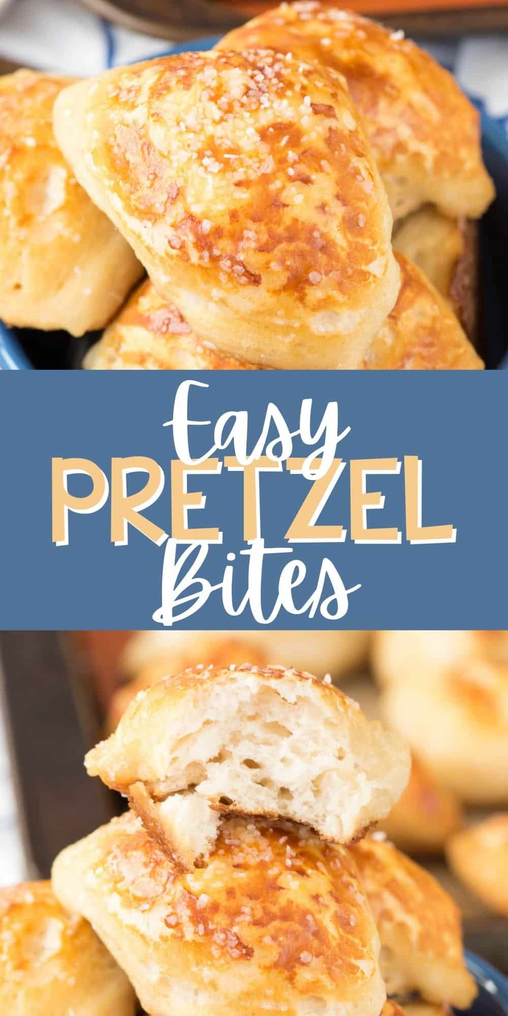 two photos of multiple pretzel bites in a blue bowl with words on the image