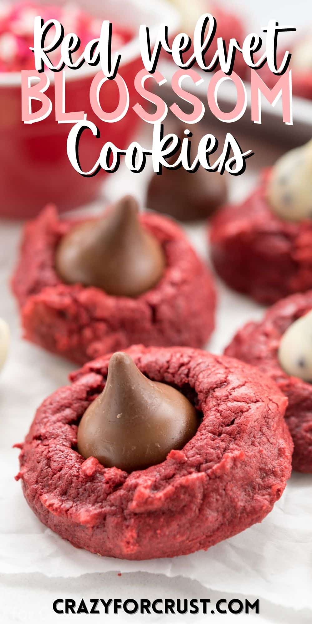 red velvet cookie with chocolate kiss inside with words on the image