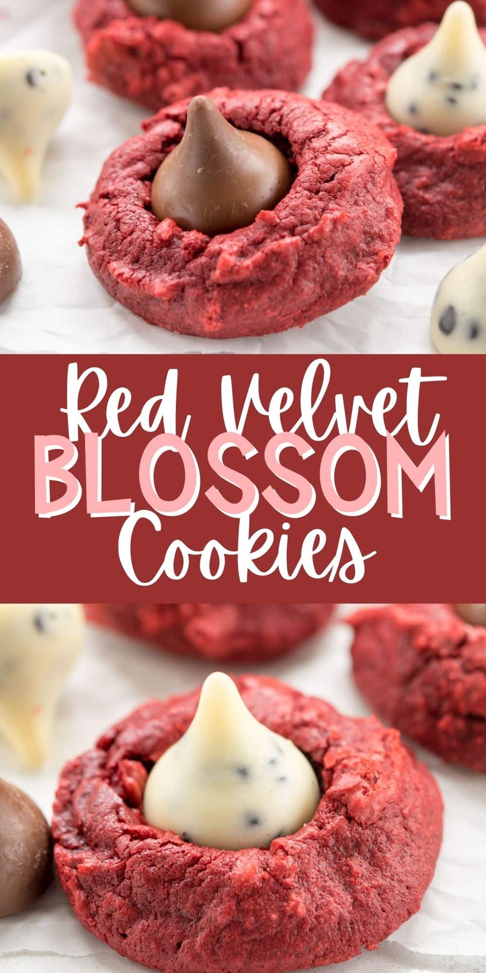 two photos of red velvet cookie with chocolate kiss inside with words on the image