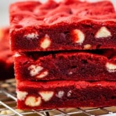 stacked red velvet brownies with white chocolate baked in