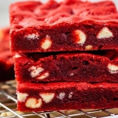 stacked red velvet brownies with white chocolate baked in