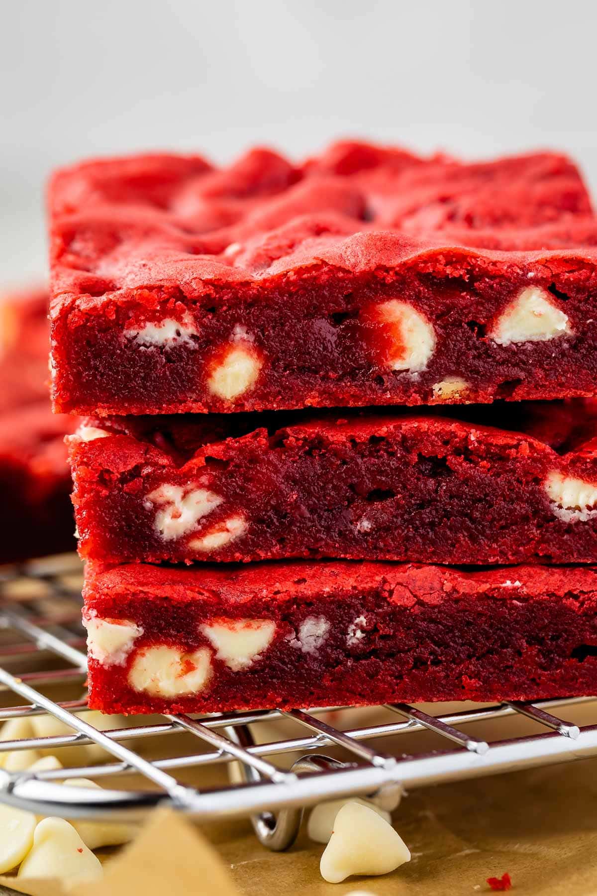stacked red velvet brownies with white chocolate baked in