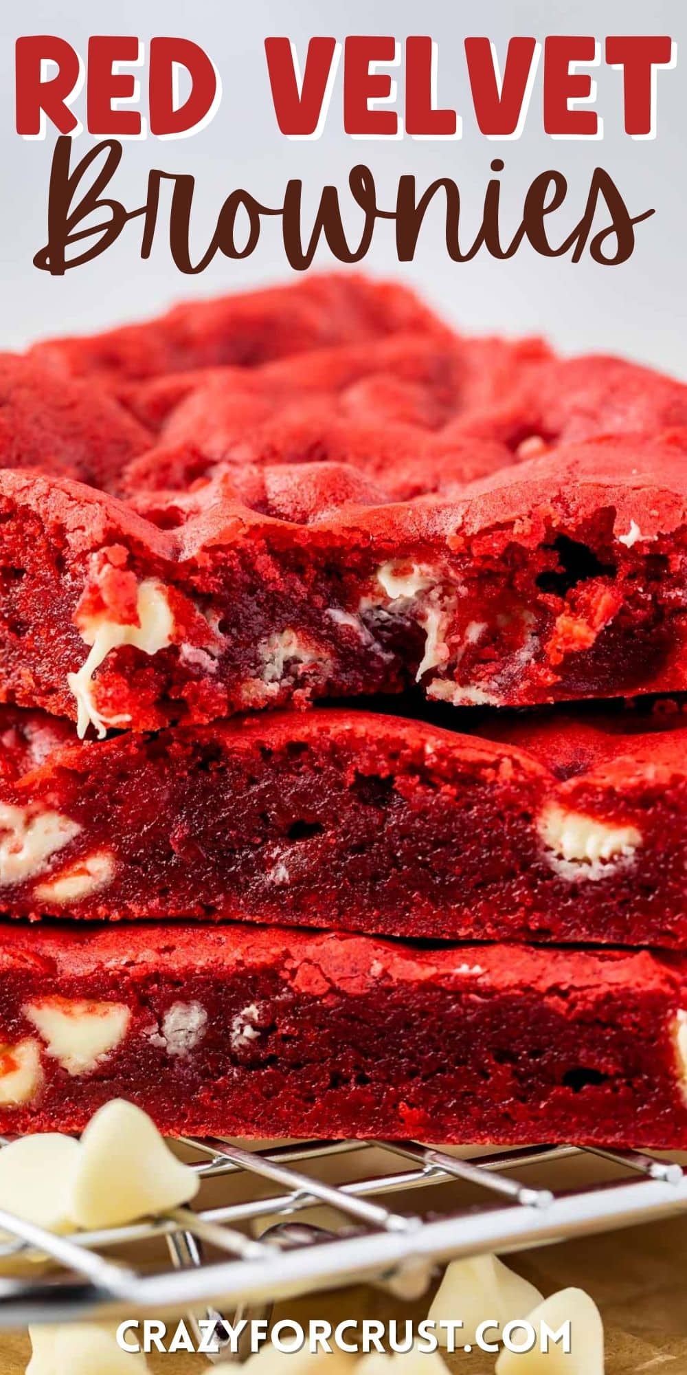 stacked red velvet brownies with white chocolate baked in with words on top