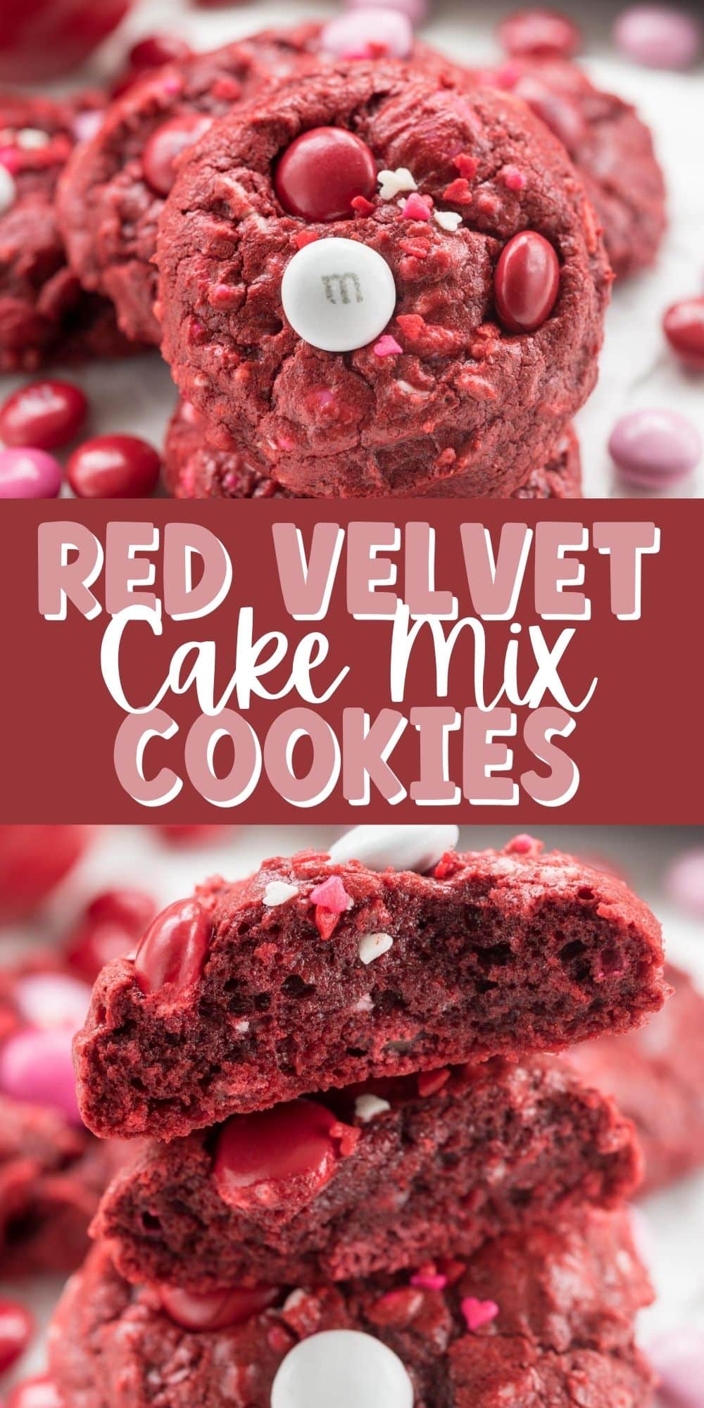 two photos od red cookies with red and white m&ms baked in and words on the image