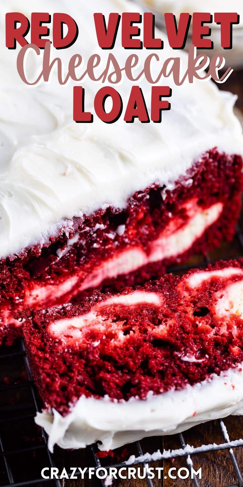 red velvet loaf covered in white frosting with words on the image