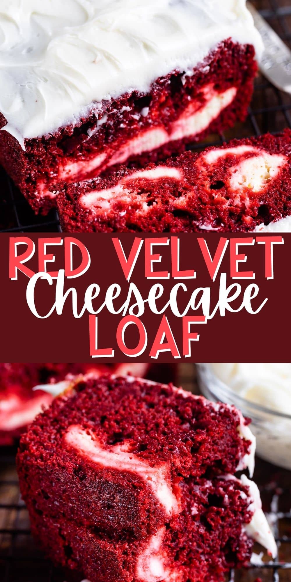 two images of red velvet loaf covered in white frosting with words on the image