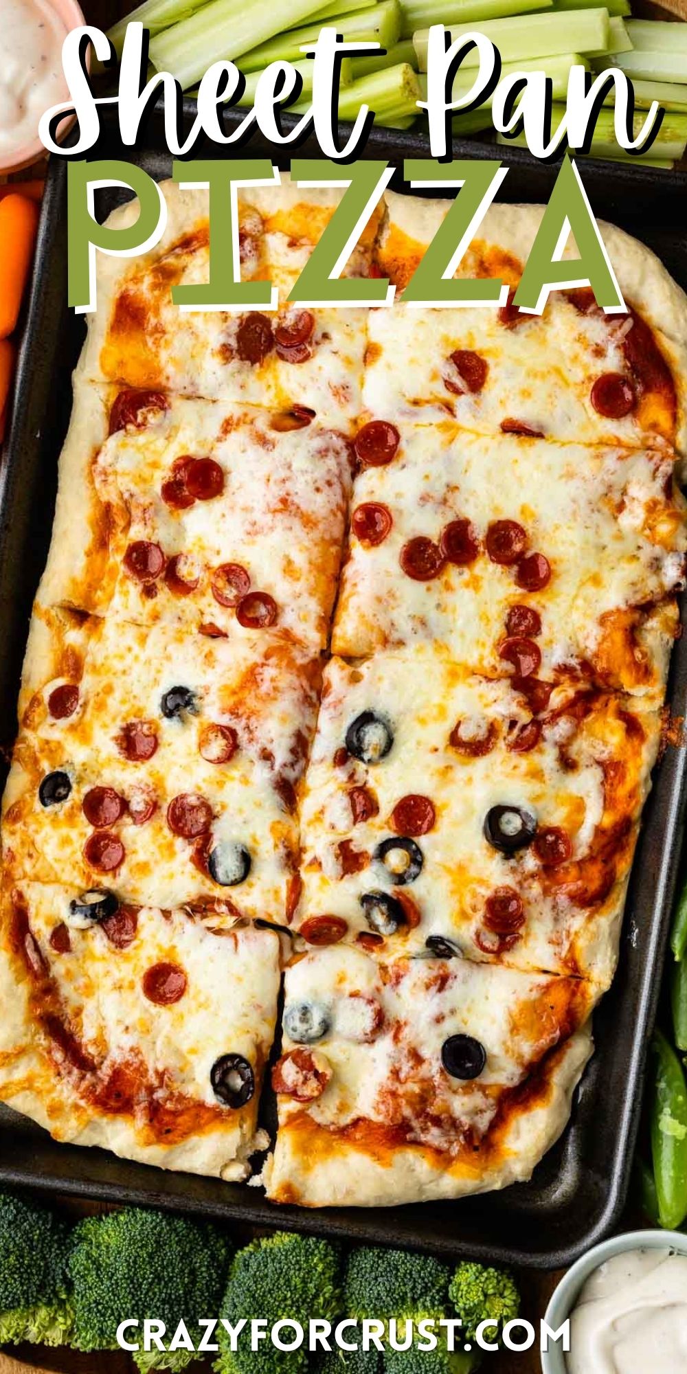 pizza in a black pan surrounded by vegetables and words on the image