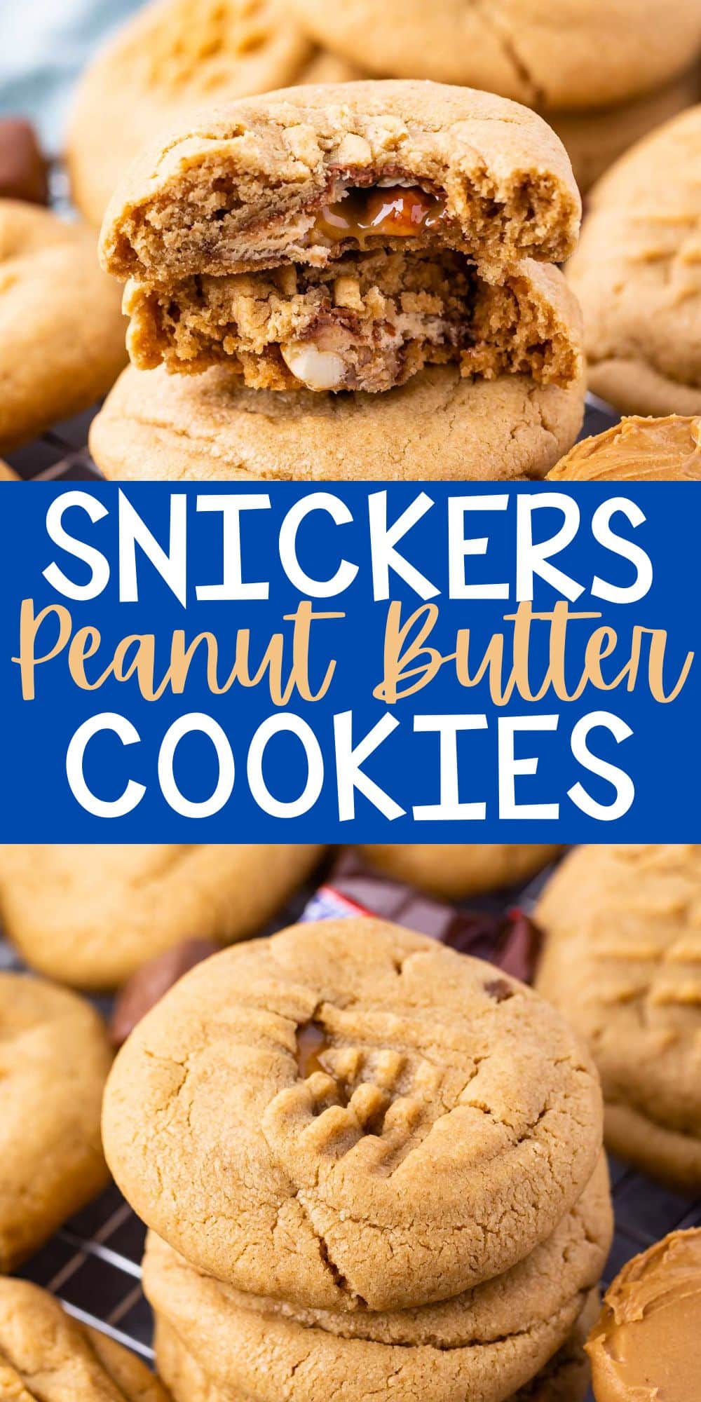 two photos of stacked peanut butter cookies with a snickers baked inside with words on the photo.