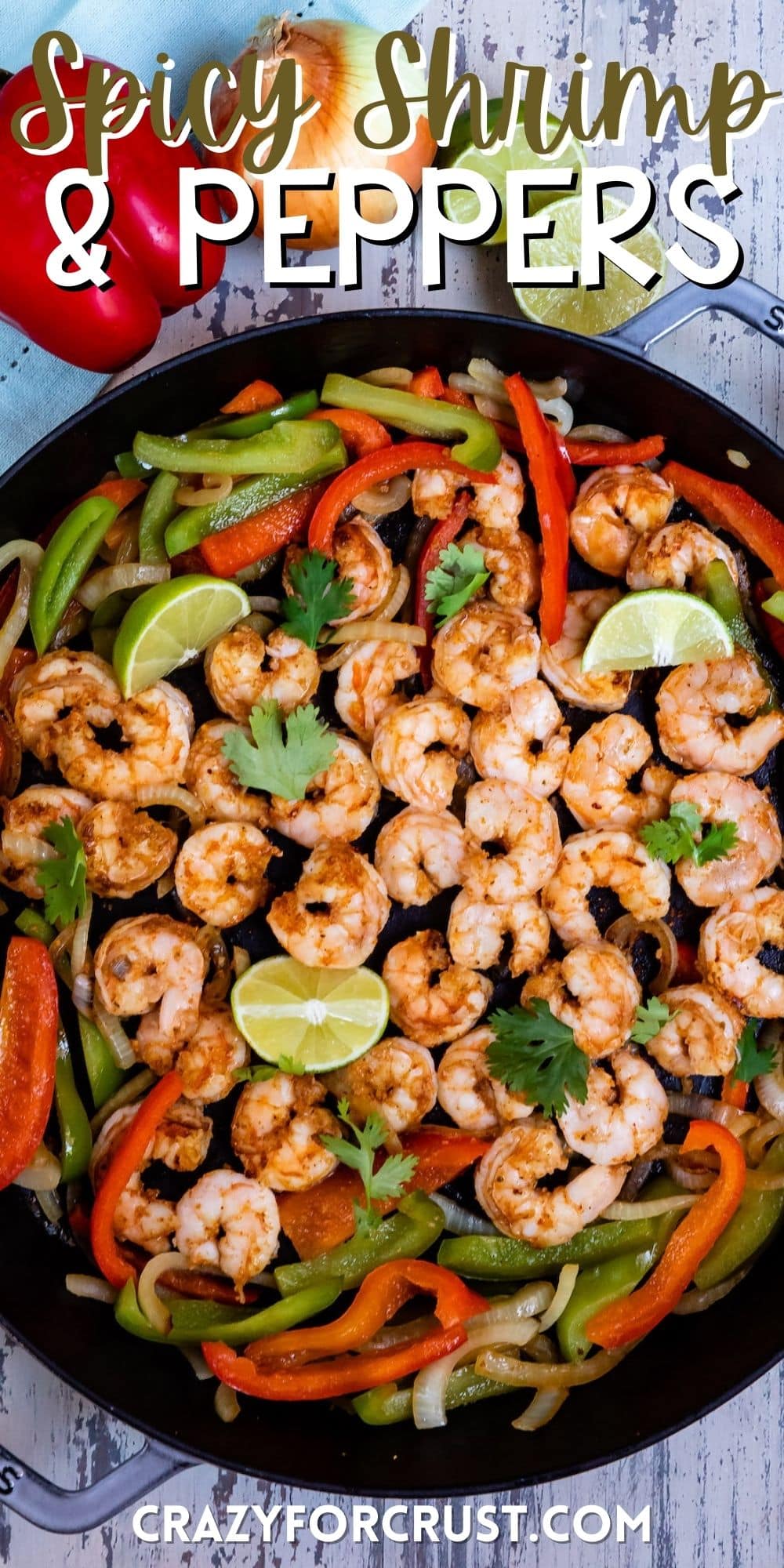 shrimp and limes and peppers mixed together in a black bowl and with words on the image