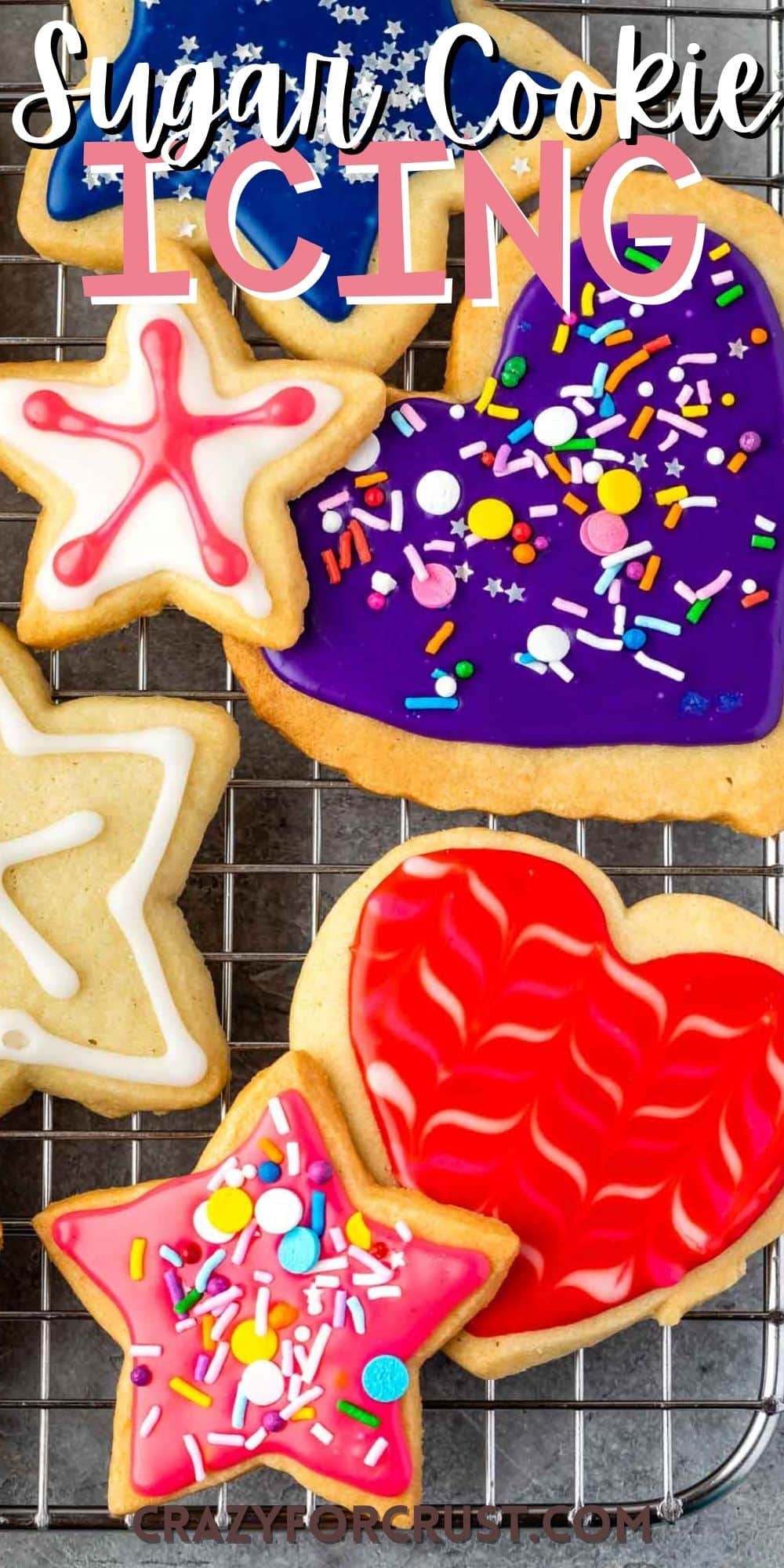sugar cookies with various colored icing and sprinkles on top with words on top