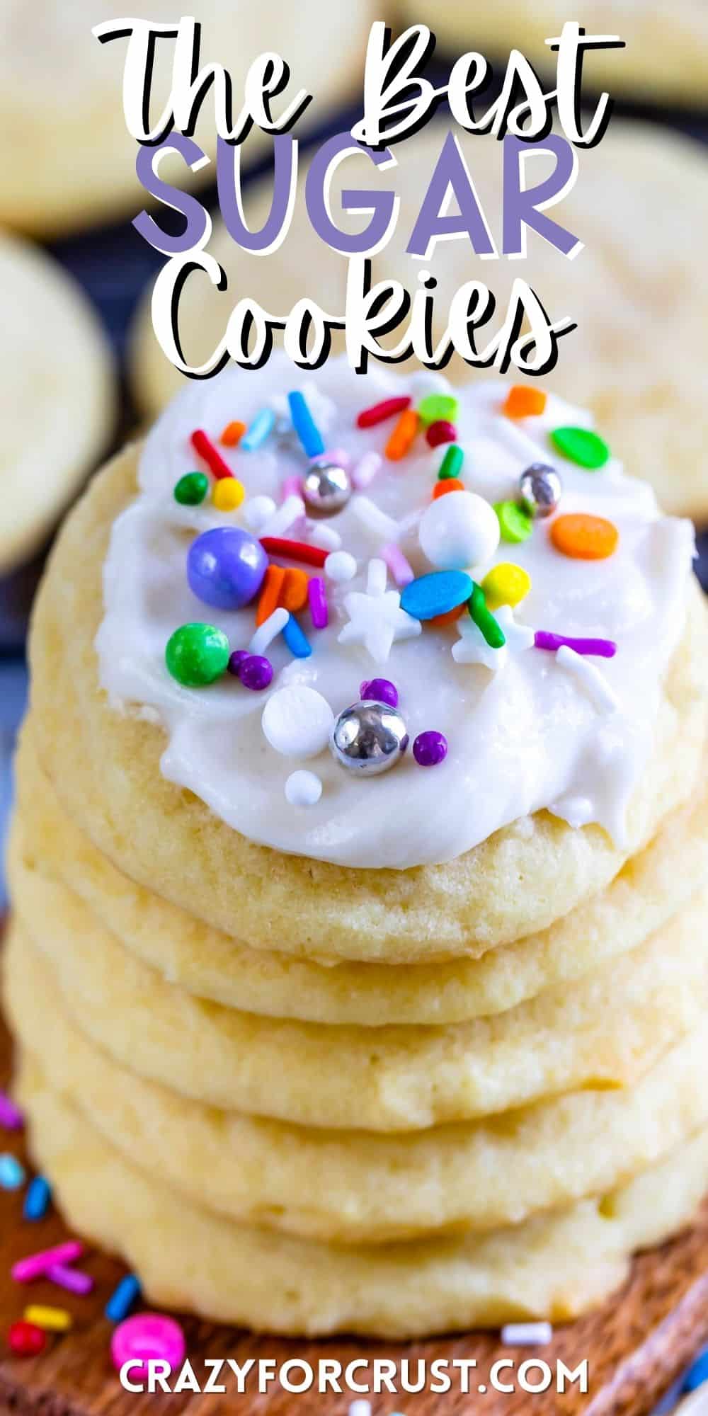 stacked sugar cookies with white icing and sprinkles on top with words on the image