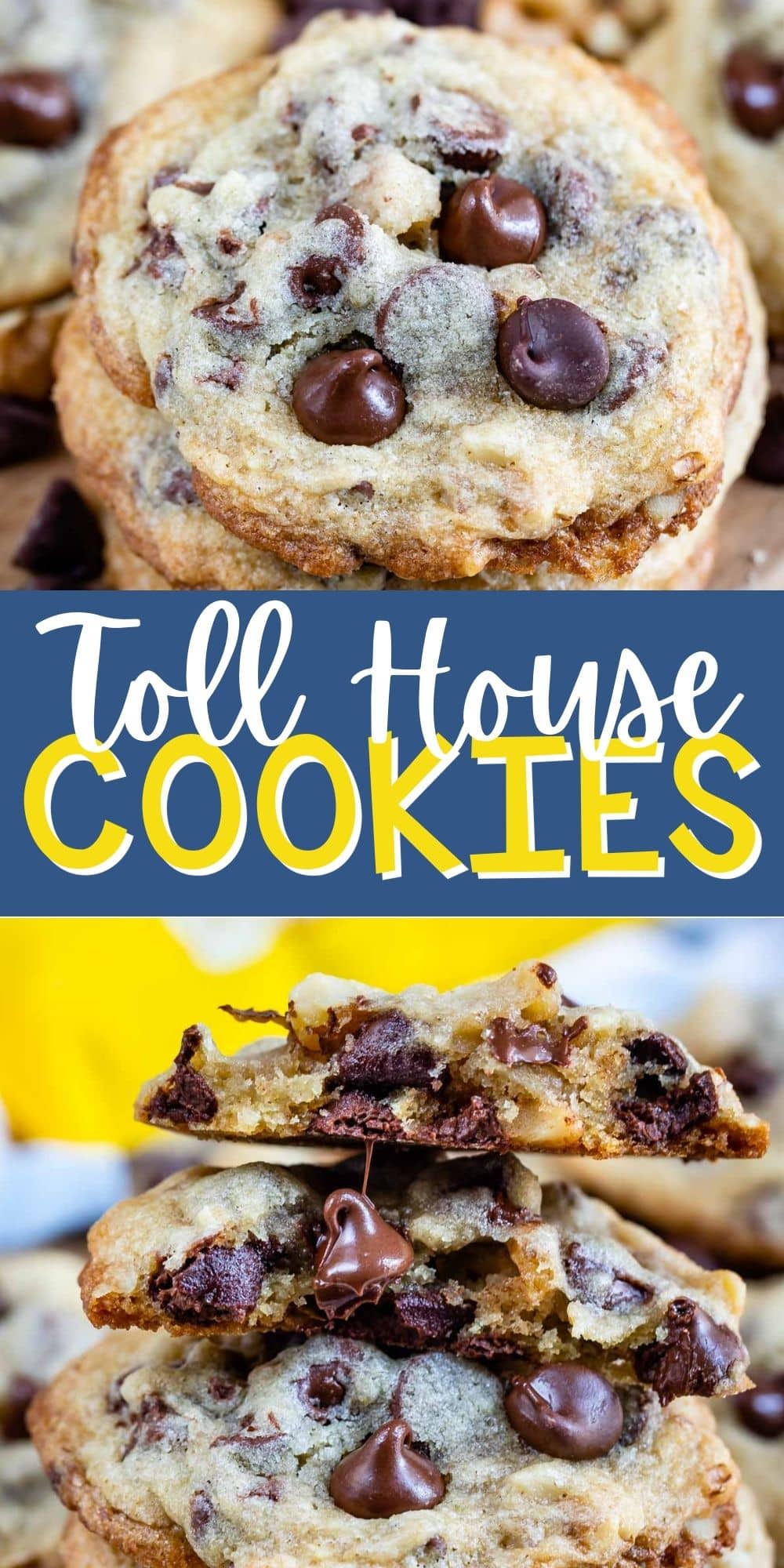 stacked chocolate chip cookies on a cutting board with words on the image