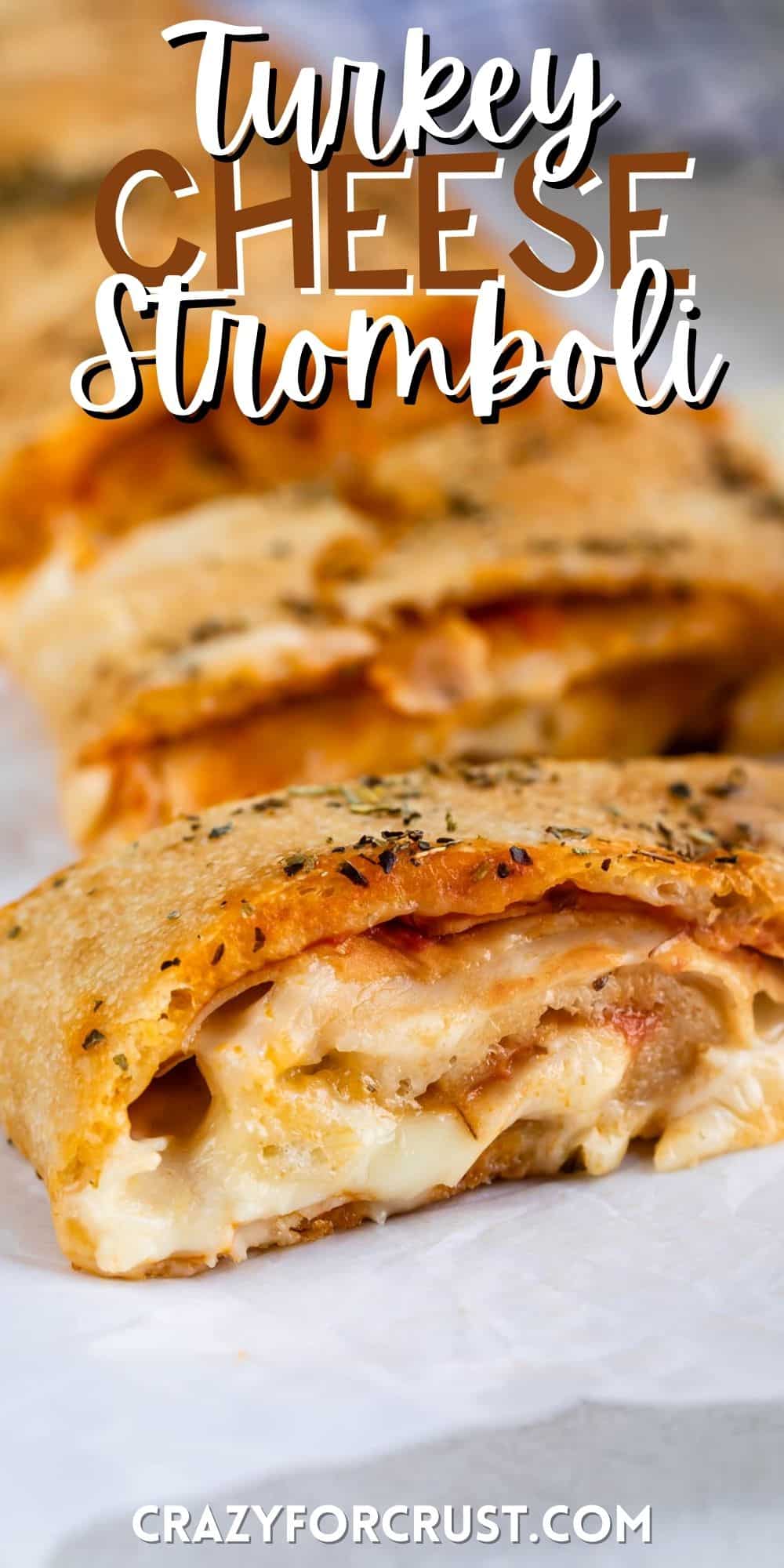 sliced turkey Stromboli on parchment paper with words on the image