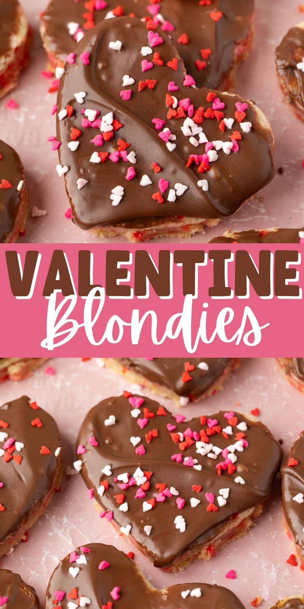 two photos of heart shaped sugar cookies with chocolate frosting and red sprinkles on top and words on the image