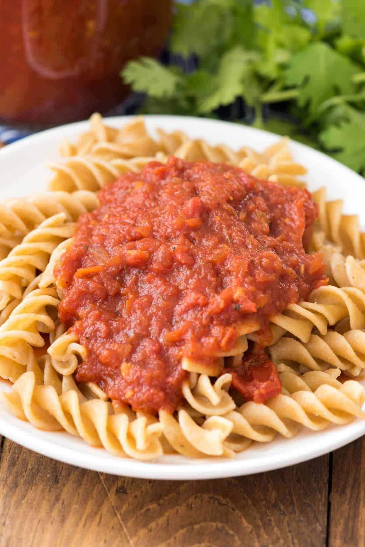 tomato sauce on top of pasta on a white plate.