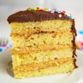 one slice of yellow cake with peanut butter frosting.