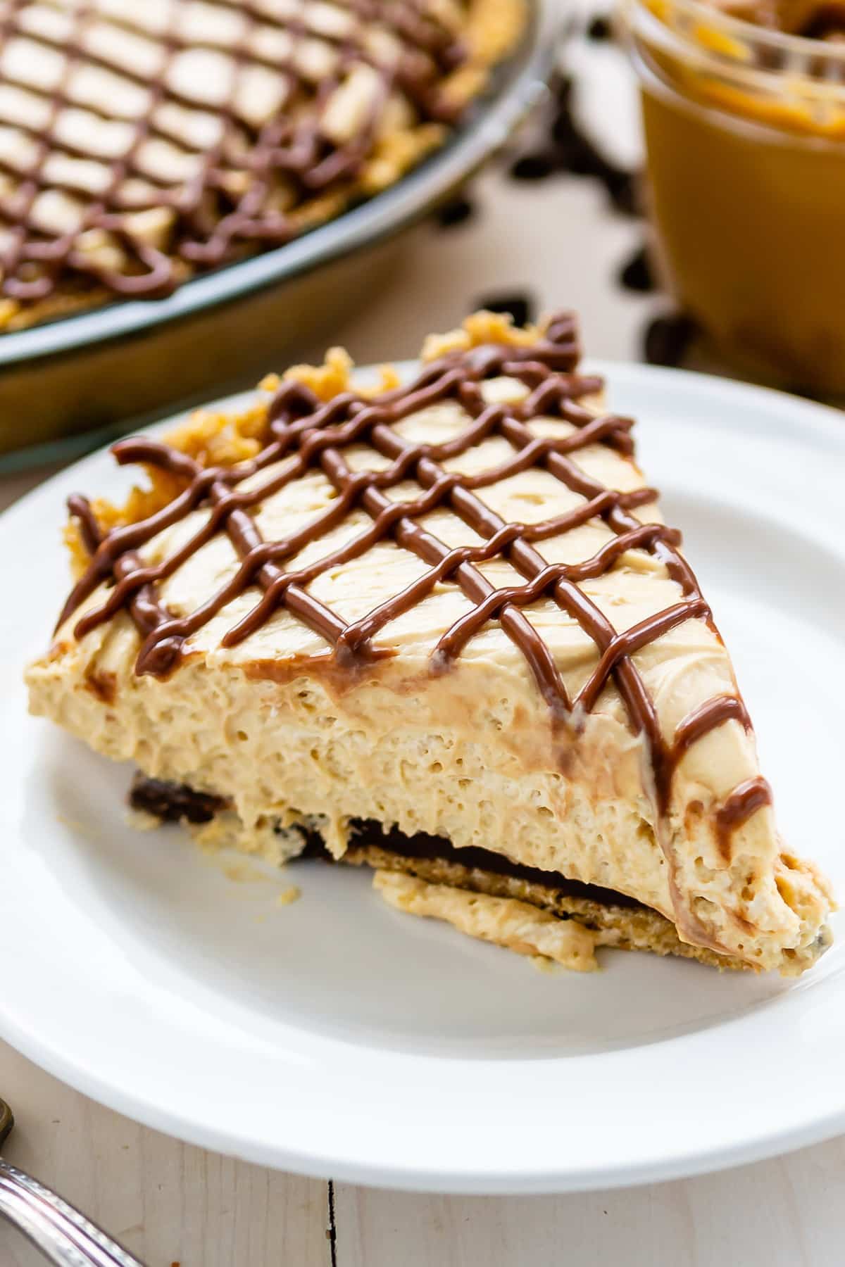 pie on a white plate covered in chocolate frosting.