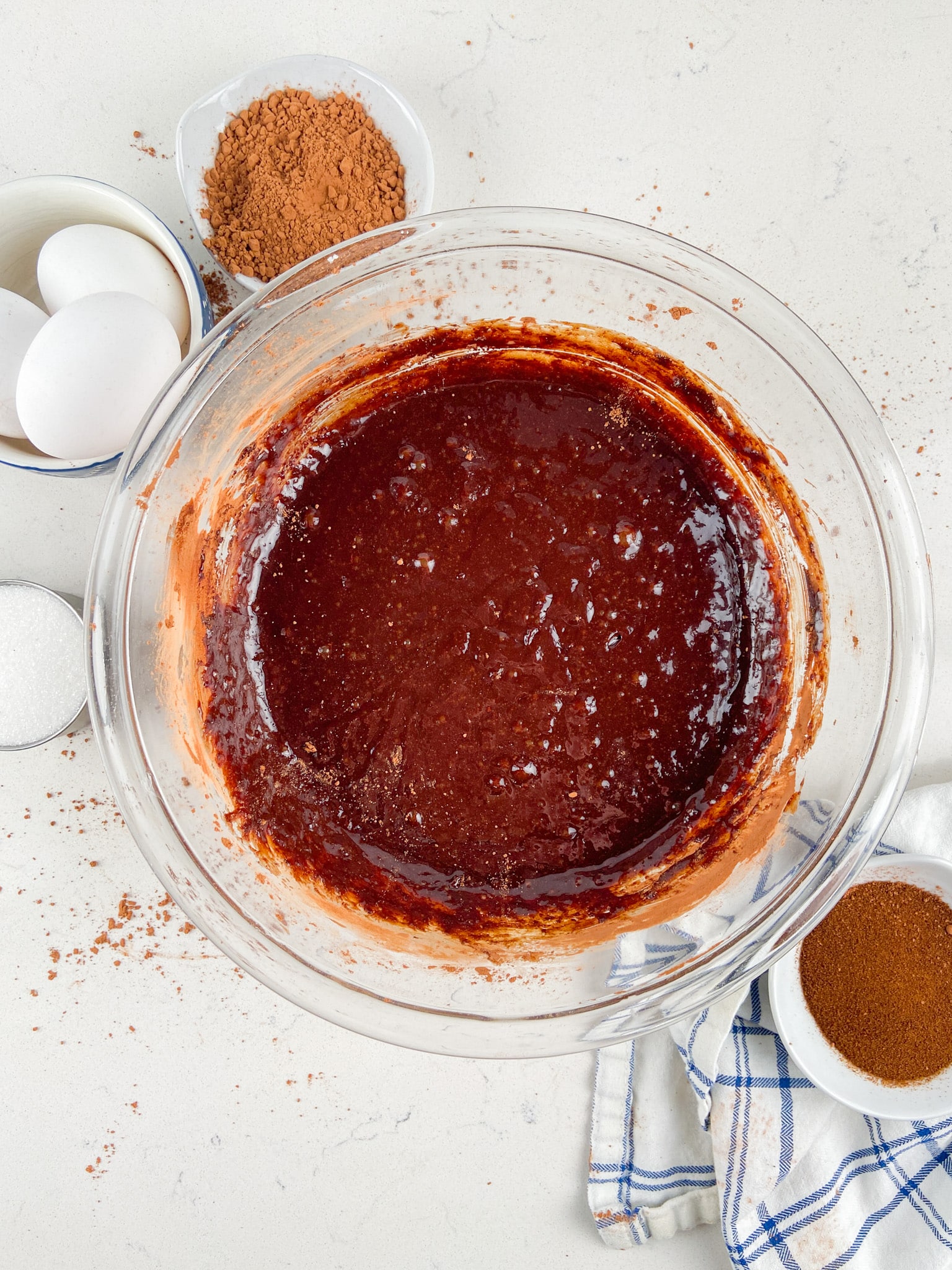 process shot of flourless chocolate cake.