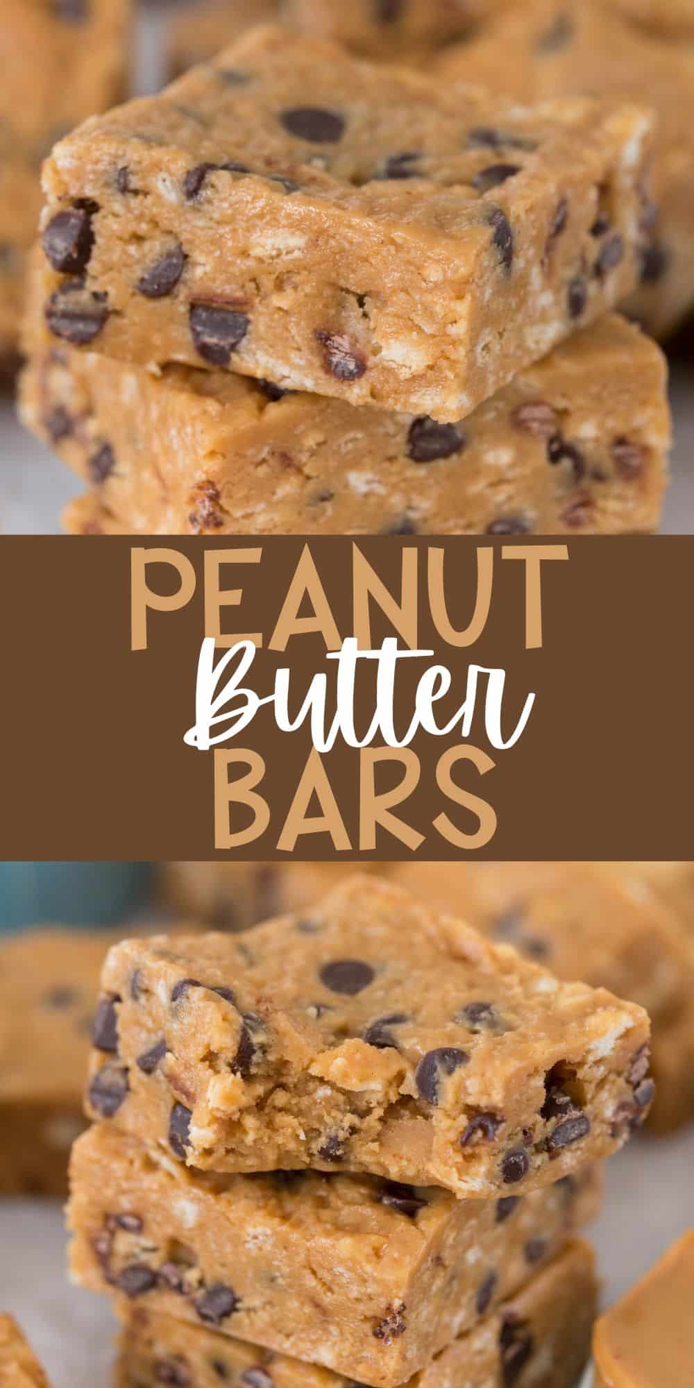 two photos of stacked peanut butter bars with chocolate chips baked in with words on the image.