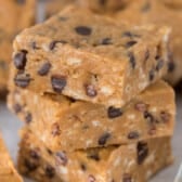 stacked peanut butter bars with chocolate chips baked in.