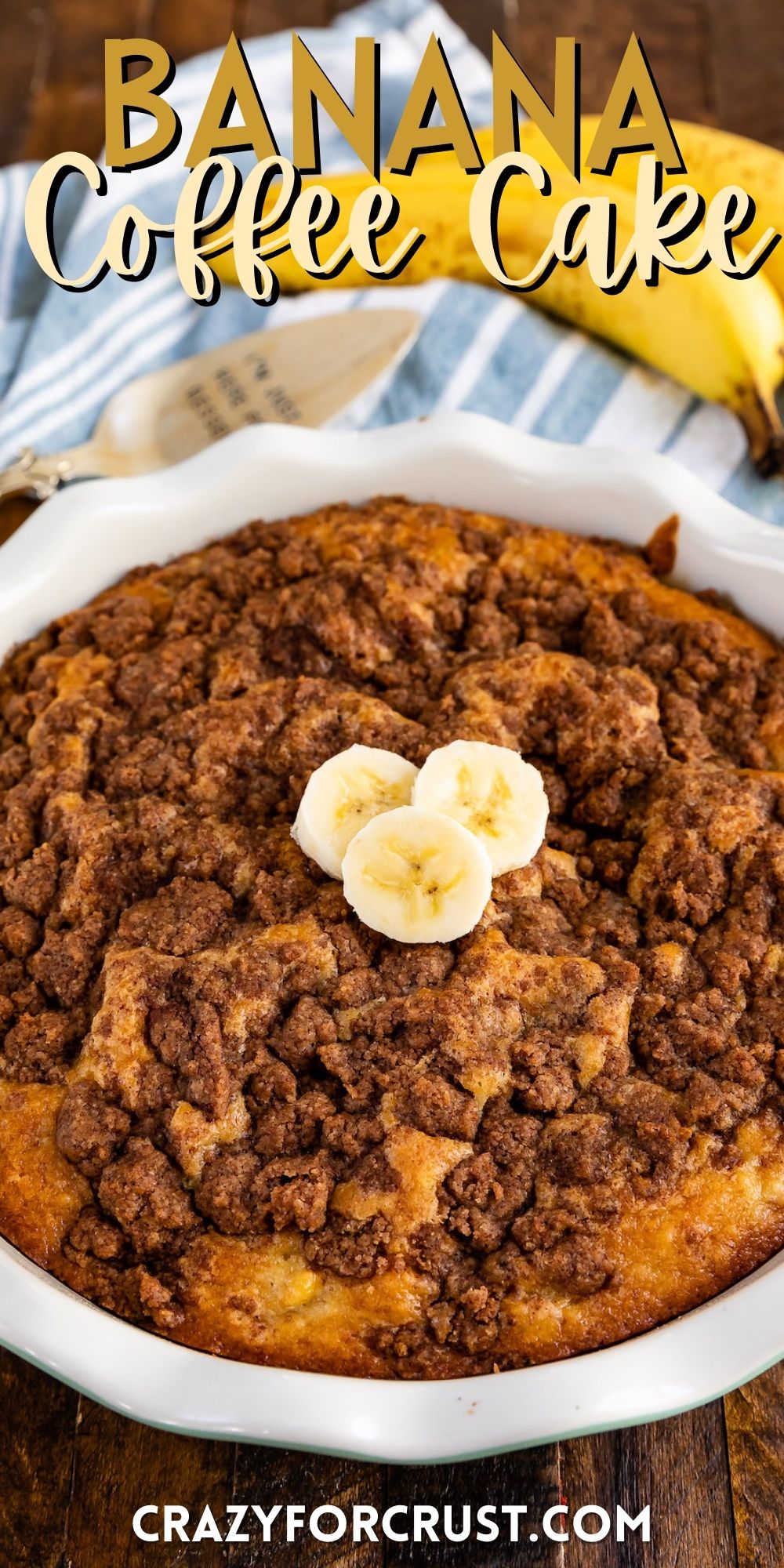 coffee cake on a white plate next to some banana slices with words on the photo.