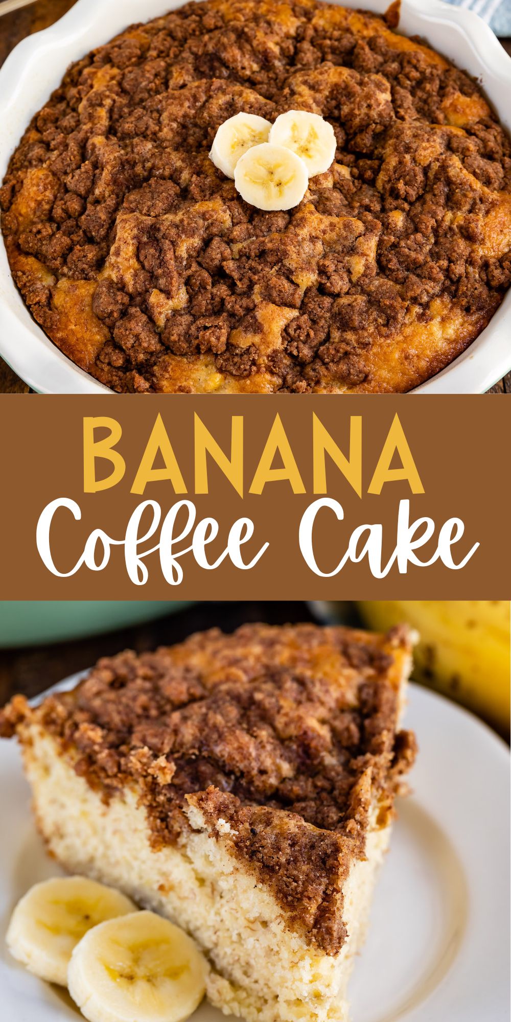 two photos of coffee cake on a white plate next to some banana slices with words on the photo.