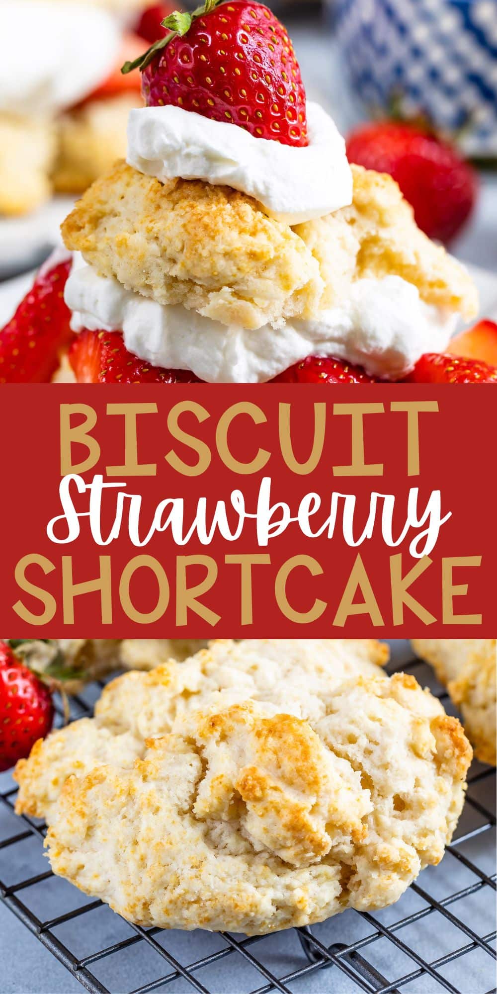 two photos of biscuits and strawberries and cream stacked on a white plate with words on the photo.