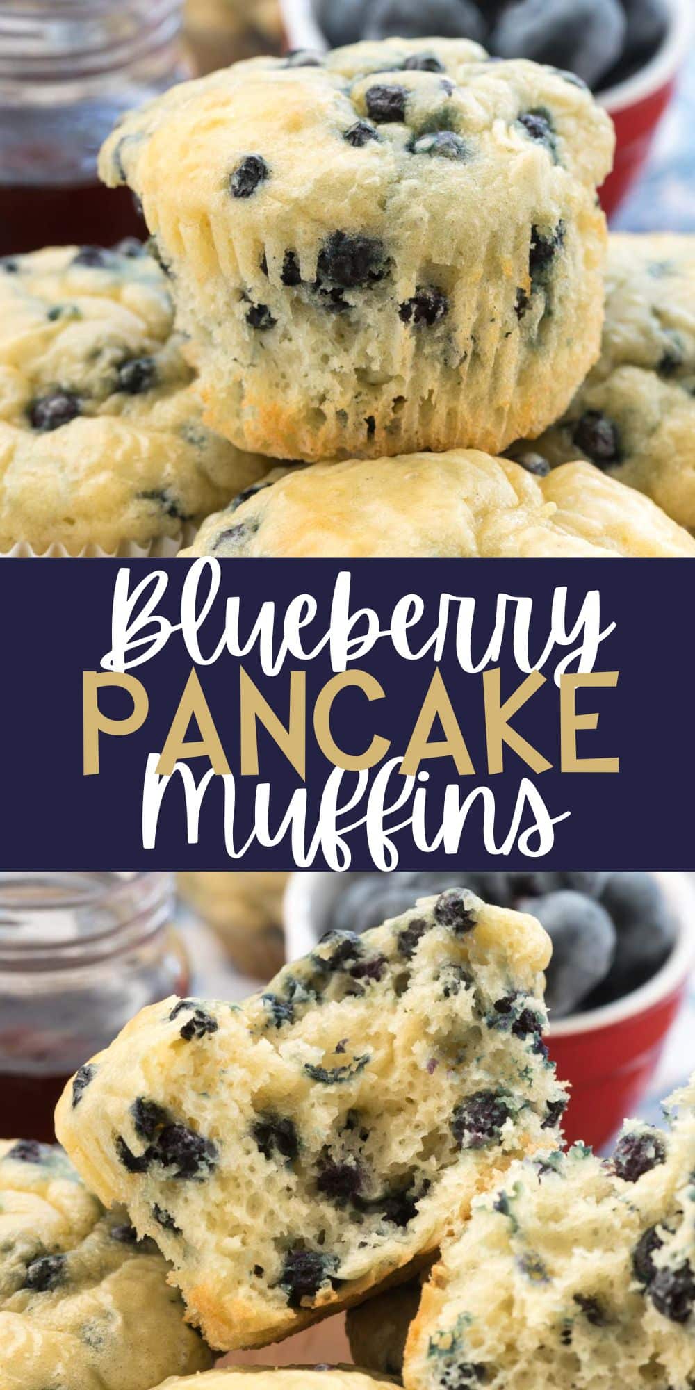two photos of muffins stacked on other muffins with blueberries baked in with words on the image.