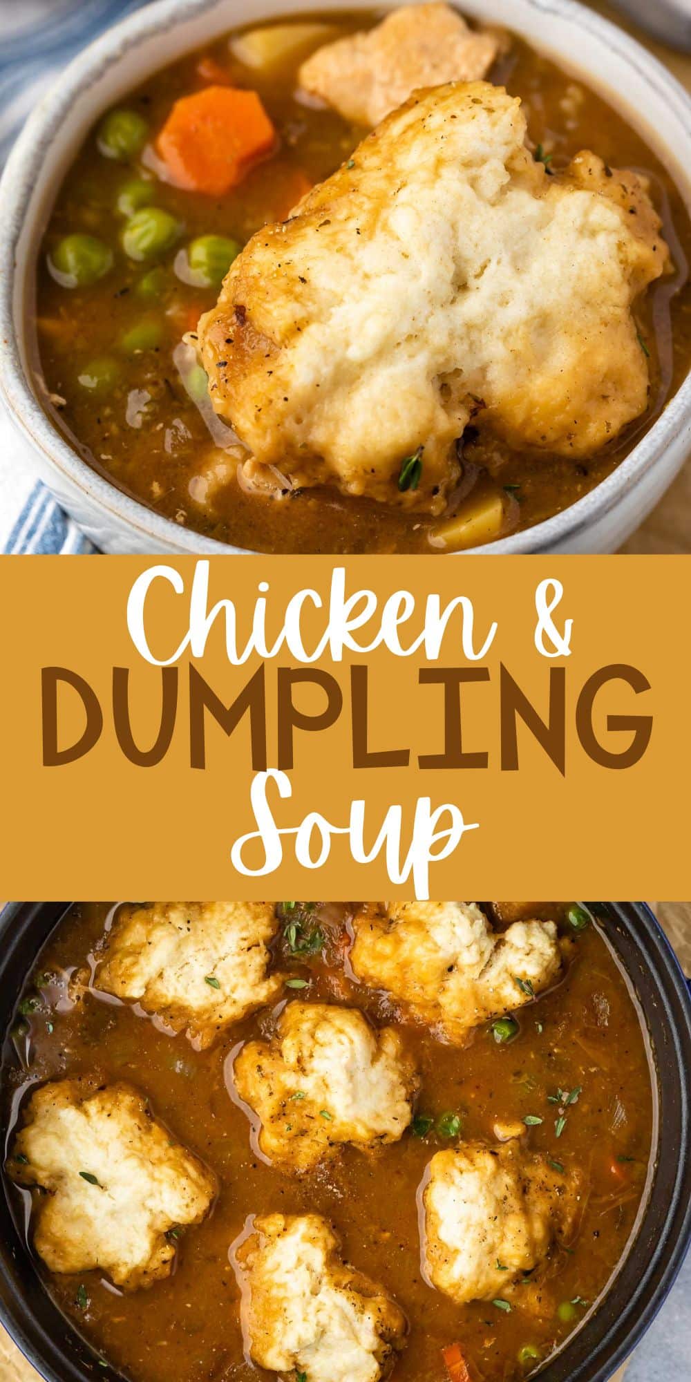 two photos of chicken and dumplings in brown soup in a white bowl with words on the image.