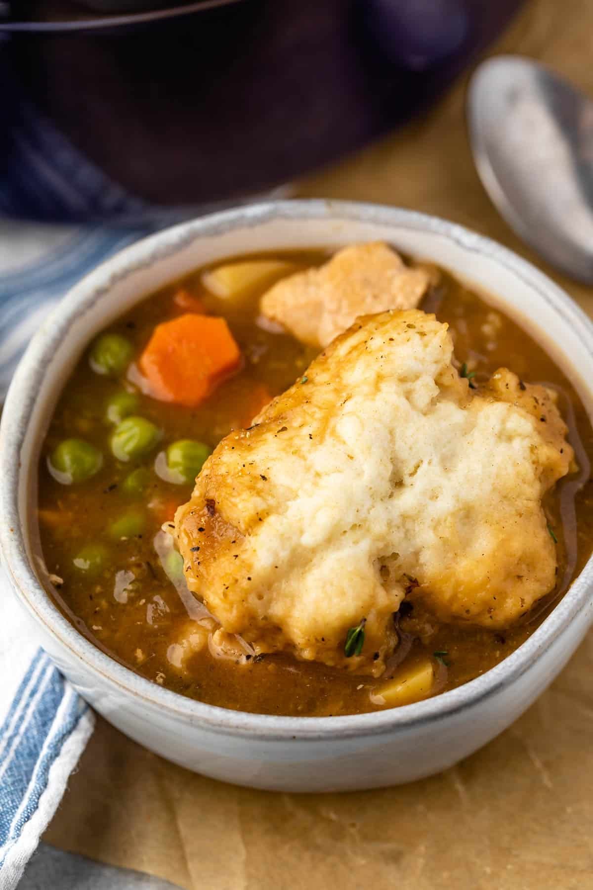 chicken and dumplings in brown soup in a white bowl.