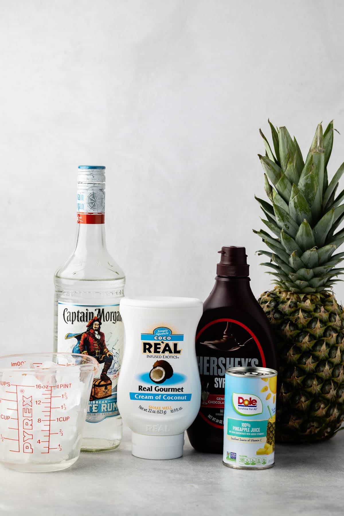 ingredients in chocolate pina colada laid out on a counter.