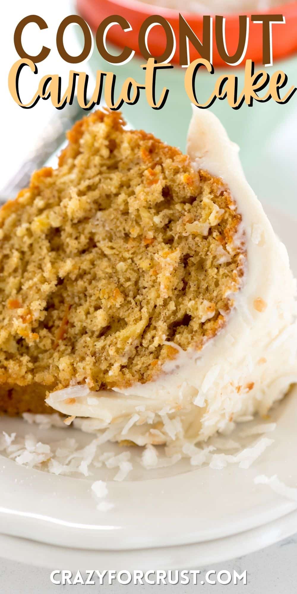 one slice of carrot cake on a white plate covered with white frosting with words on the photo.