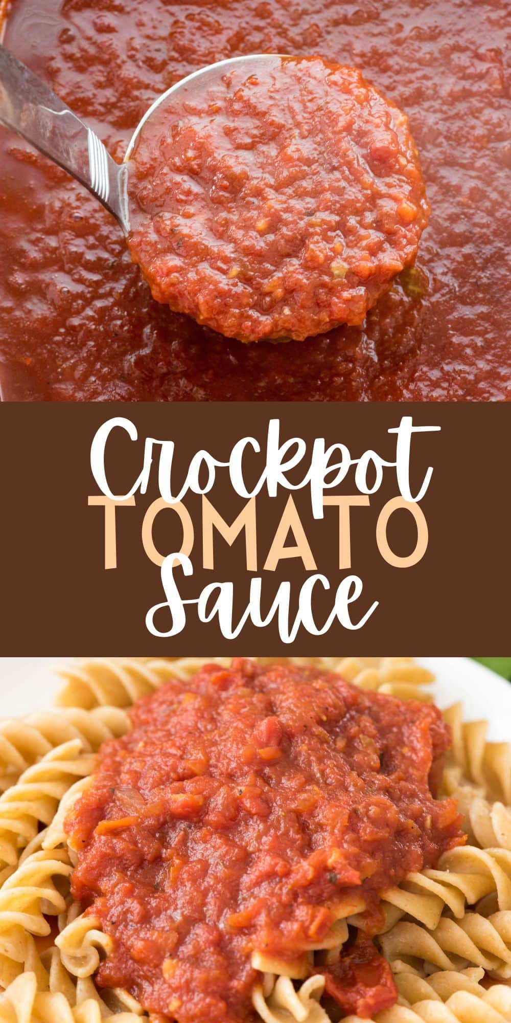 two photos of tomato sauce in the crockpot with a latel scooping some up with words on the image.