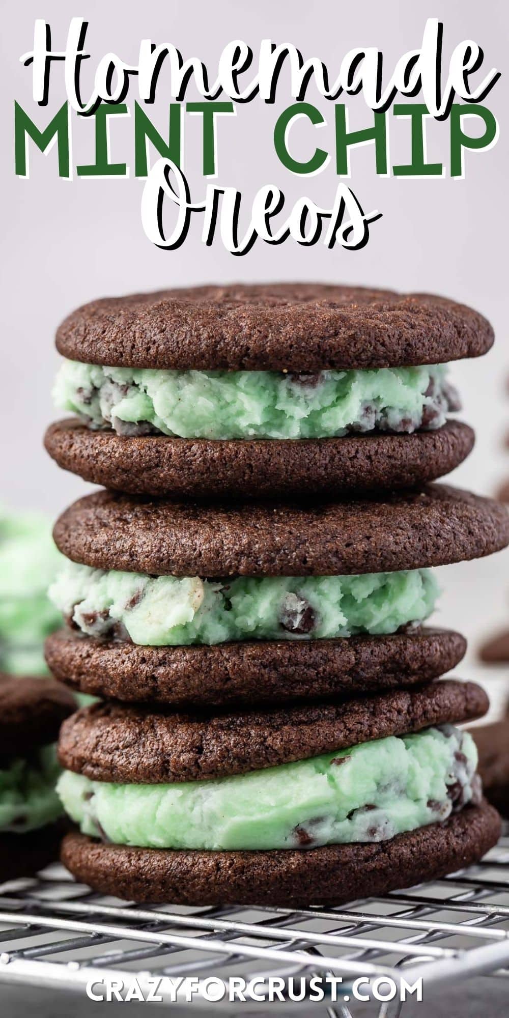 stacked mint chip oreos with green filling with words on the image.