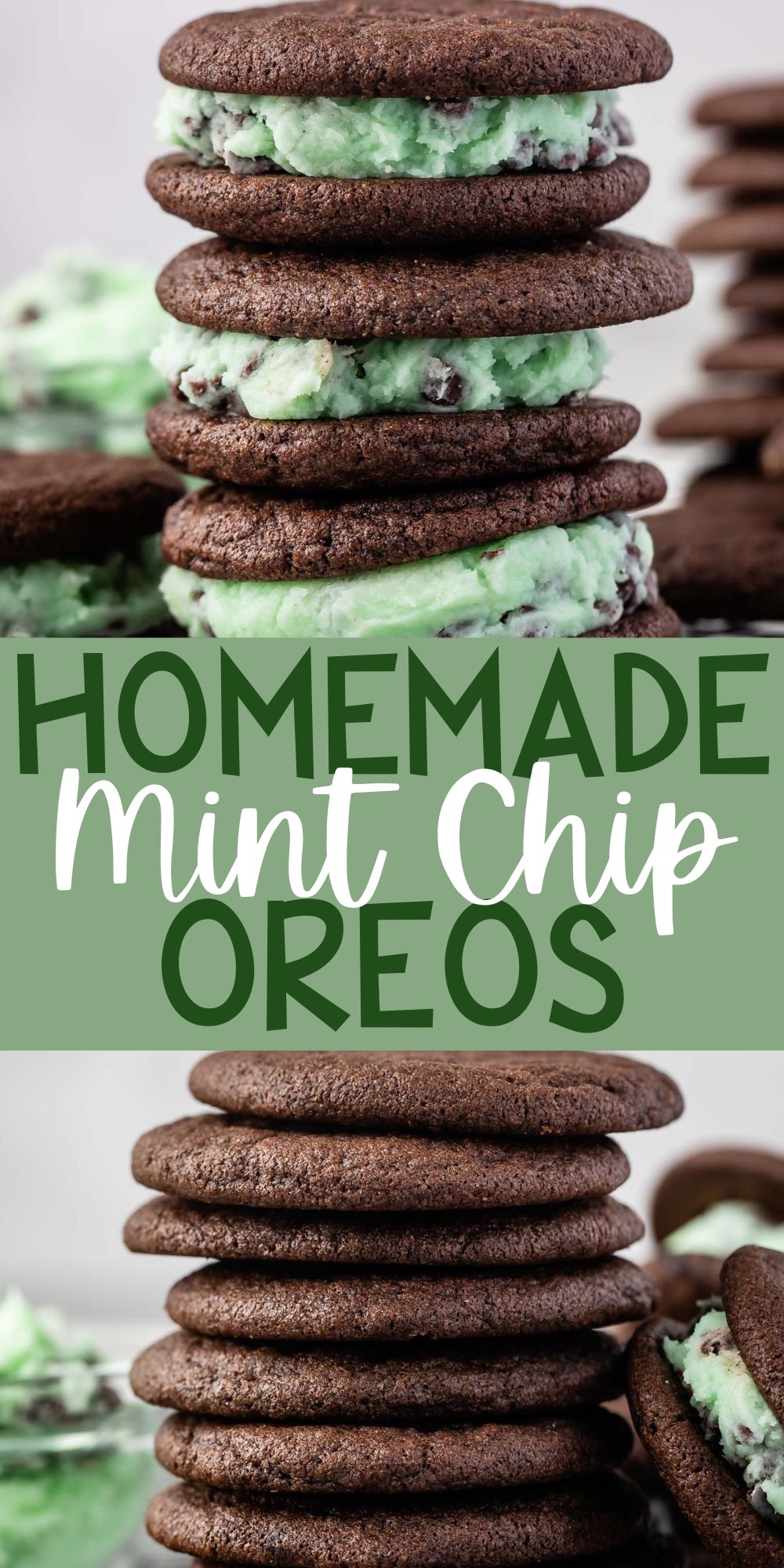 two photos of stacked mint chip oreos with green filling with words on the image.