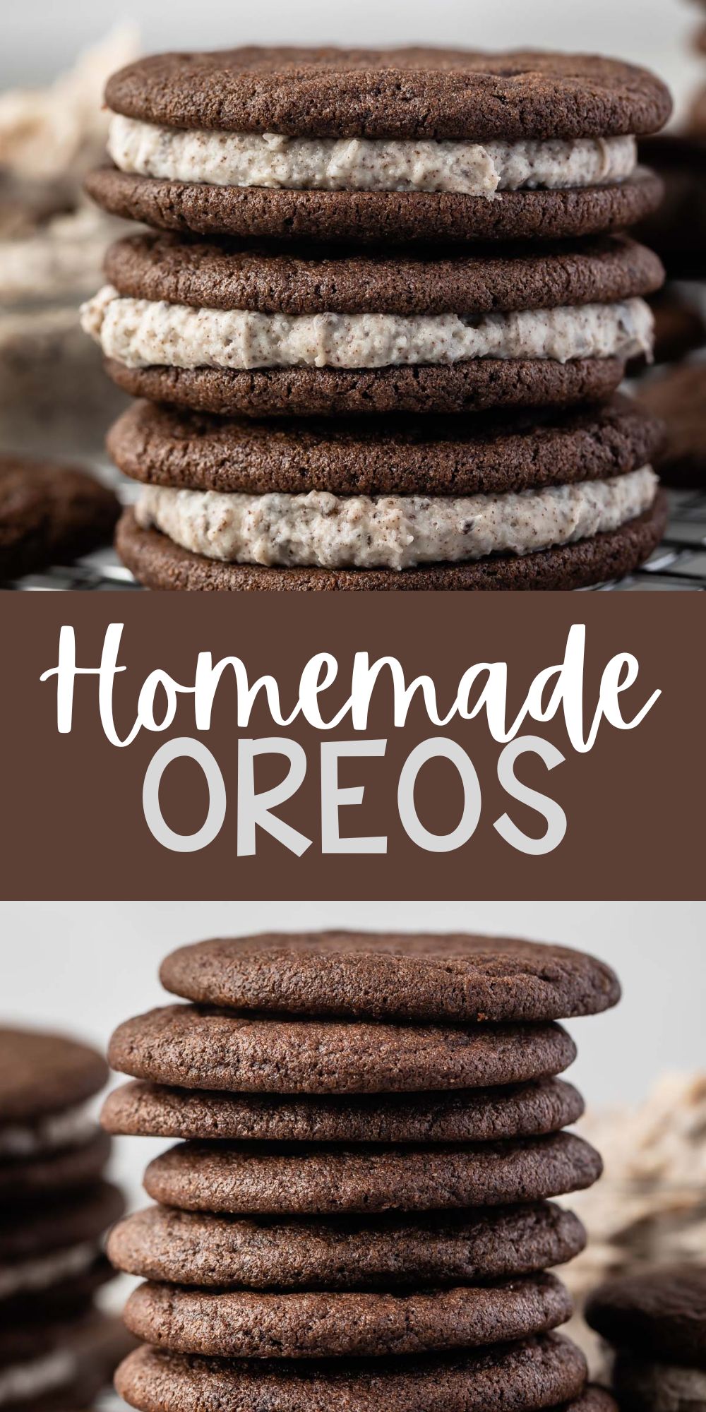 two photos of oreo cookies with cookies and cream filling with words on the image.